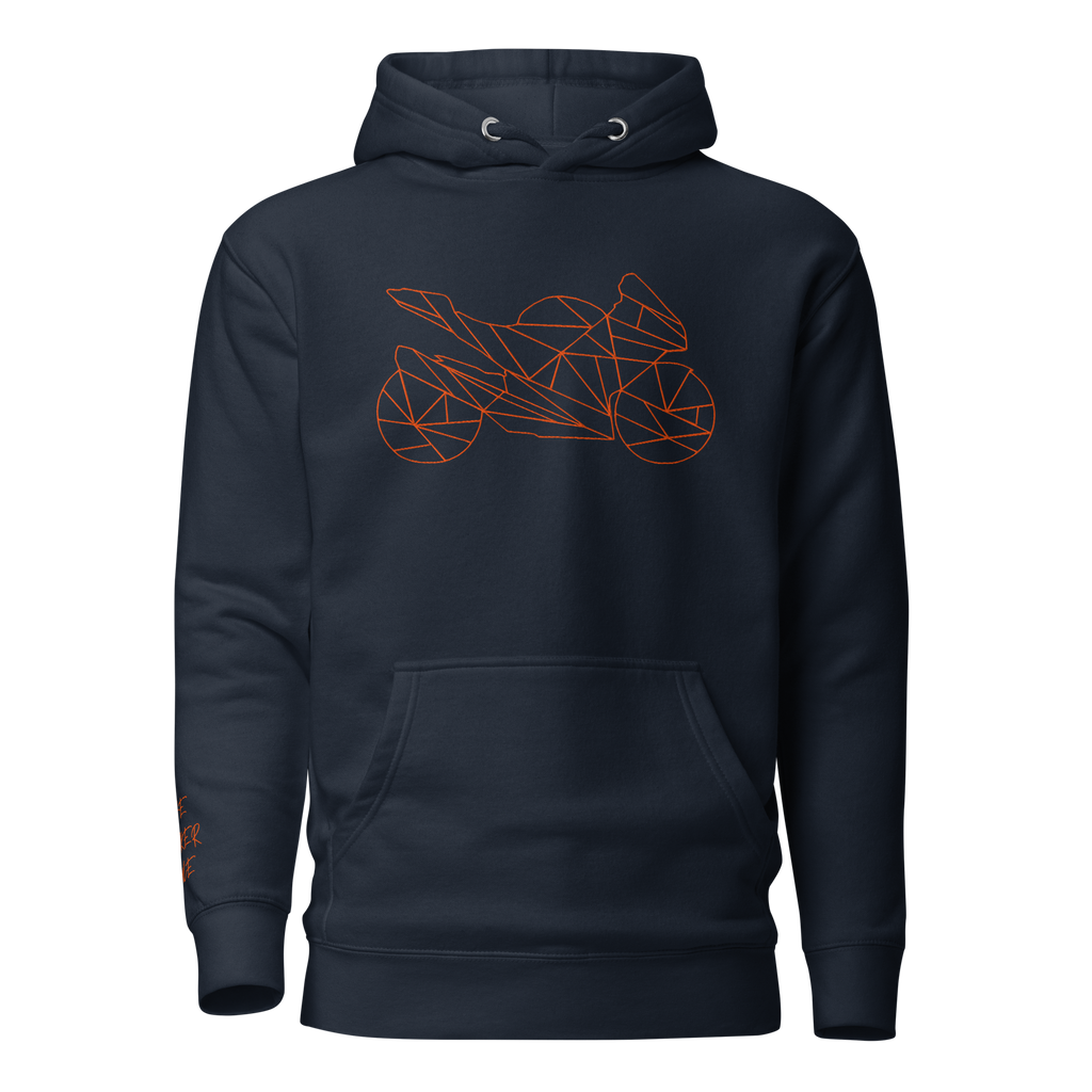 Navy motorcycle Halloween hoodie featuring geometric motorcycle design in orange on the front