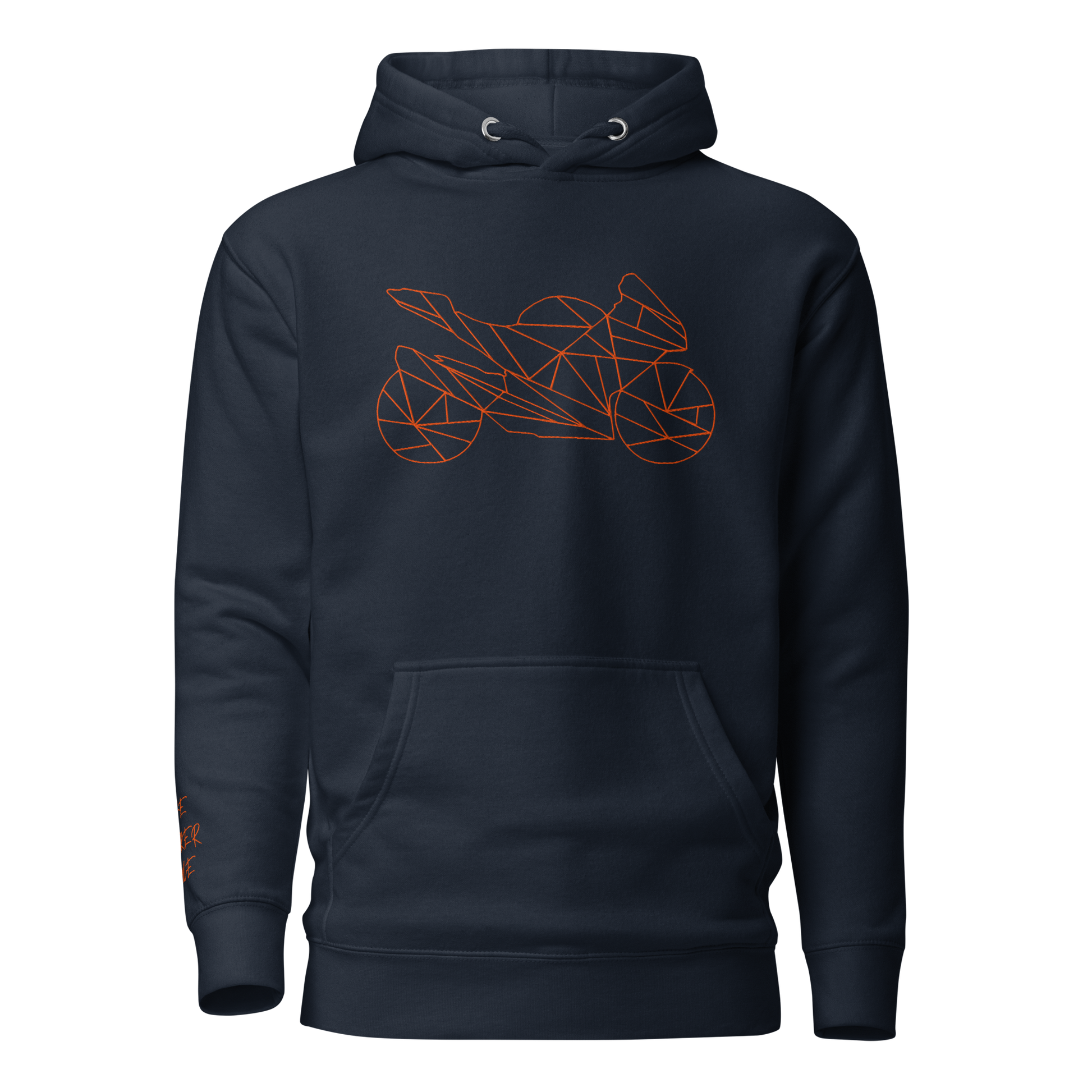 Navy motorcycle Halloween hoodie featuring geometric motorcycle design in orange on the front