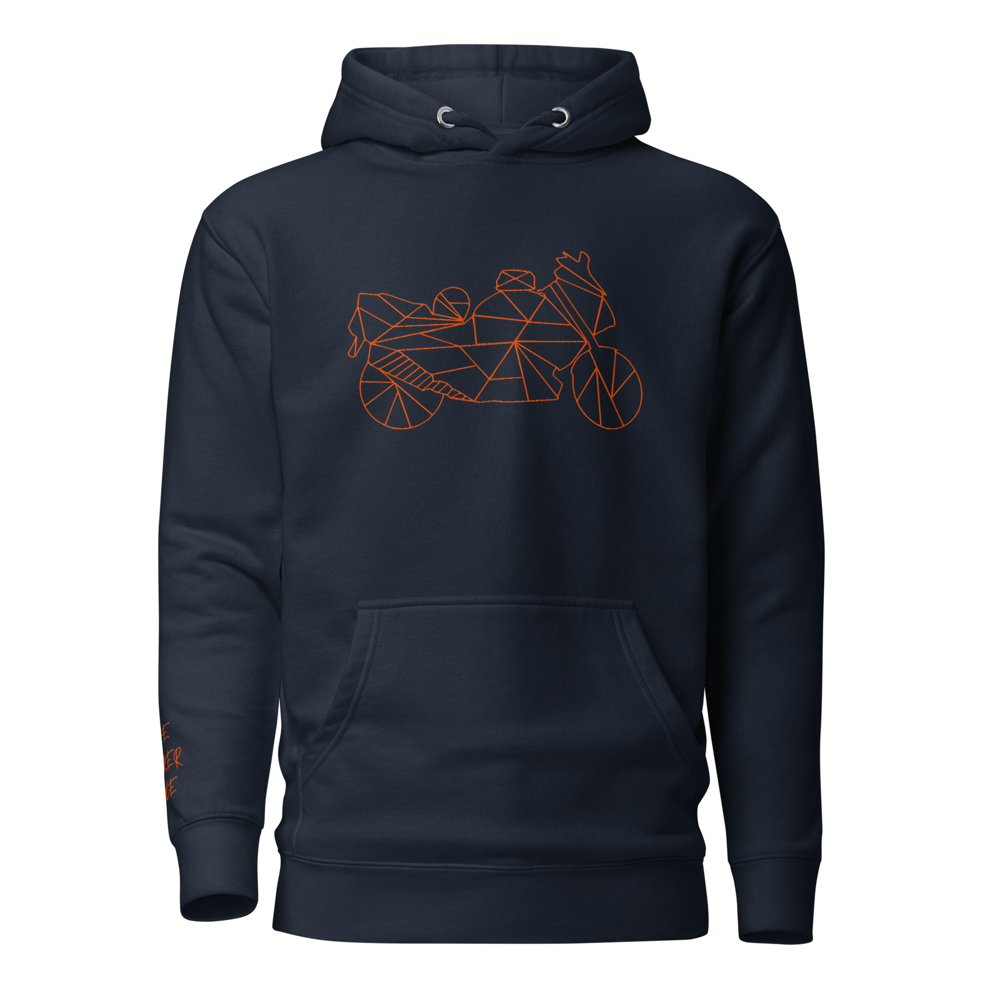 Men's navy motorcycle Halloween hoodie featuring a geometric motorcycle design on the front
