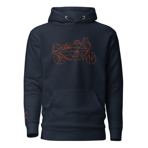 Men's navy motorcycle Halloween hoodie featuring a geometric motorcycle design on the front