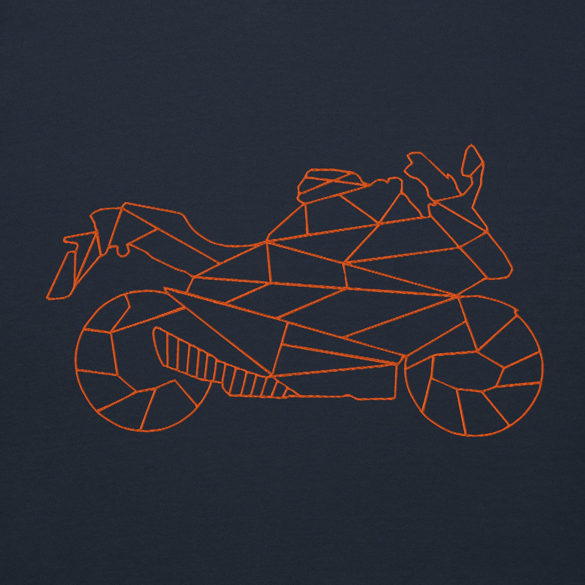 Navy motorcycle Halloween hoodie with orange geometric motorcycle design for bikers and Halloween enthusiasts