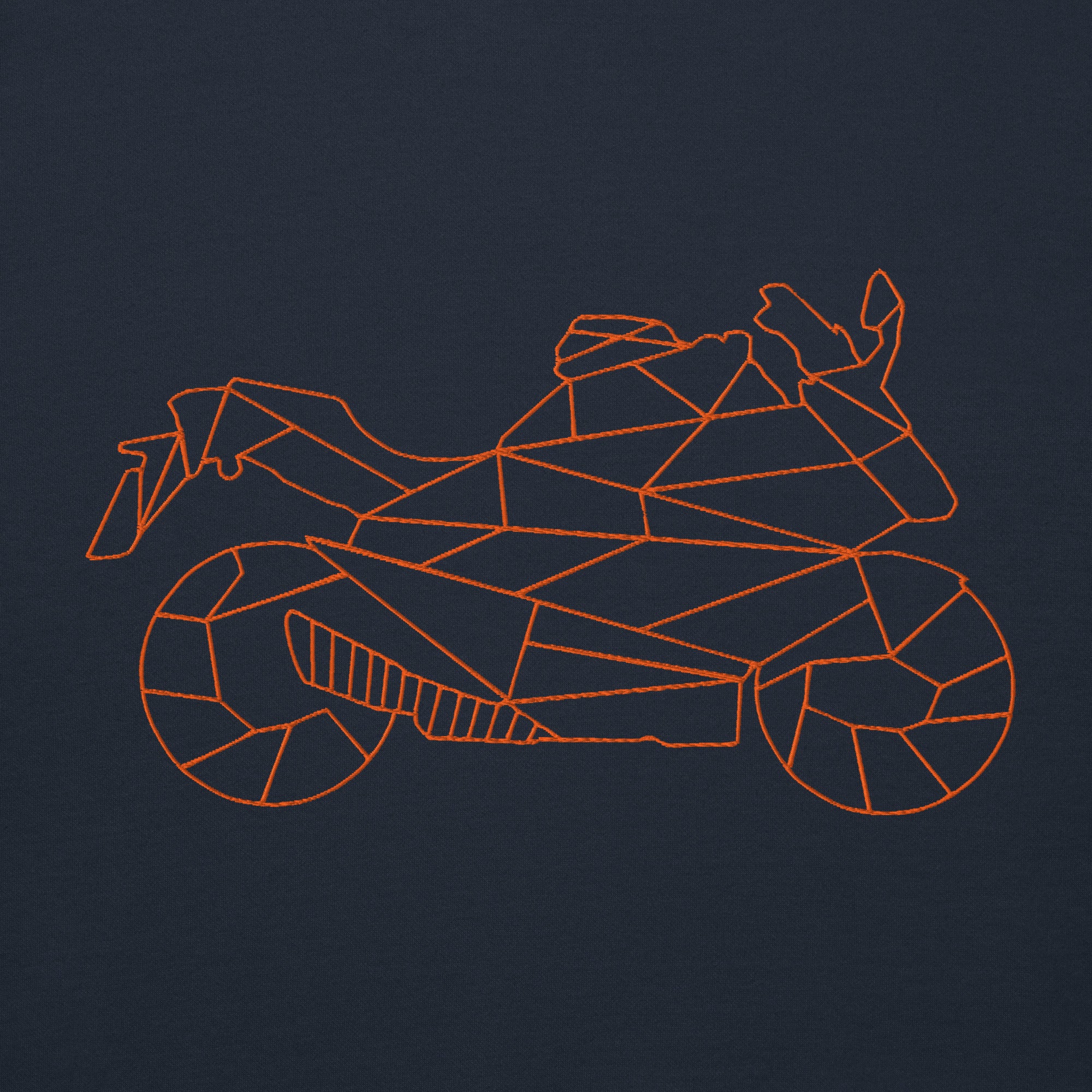 Navy motorcycle Halloween hoodie with orange geometric motorcycle design for bikers and Halloween enthusiasts