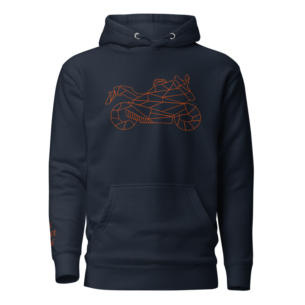 Navy blue motorcycle Halloween hoodie featuring a geometric motorcycle design on the front