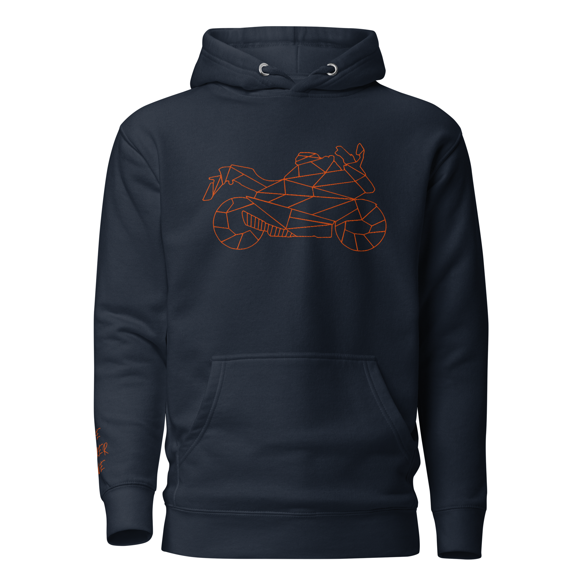 Navy blue motorcycle Halloween hoodie featuring a geometric motorcycle design on the front