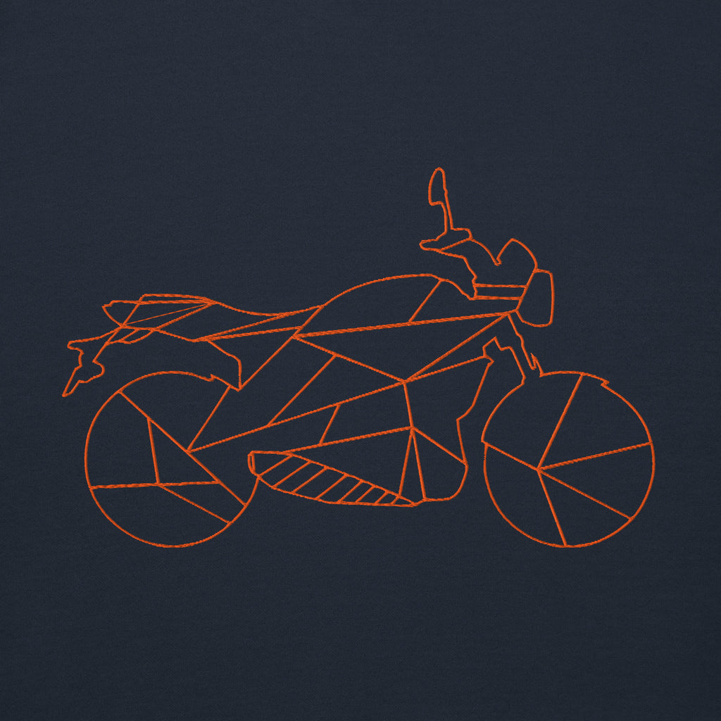 Motorcycle Halloween hoodie featuring a stylish geometric motorcycle design in orange on a navy background