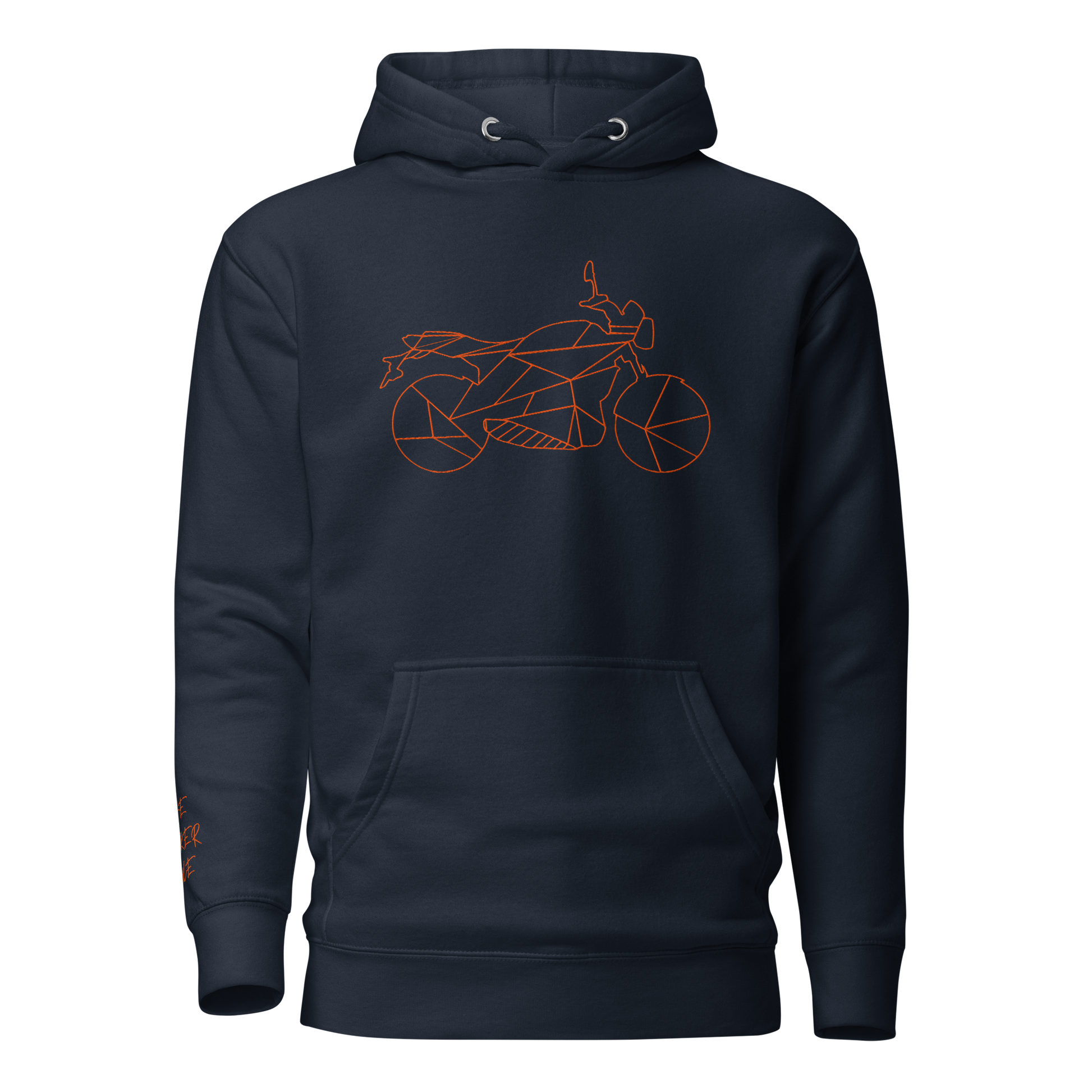 Navy motorcycle Halloween hoodie featuring a geometric motorcycle design on the front