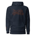 Navy motorcycle Halloween hoodie featuring a geometric motorcycle design in orange