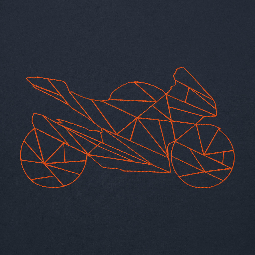Geometric design of a motorcycle in orange on a navy background for motorcycle Halloween hoodie