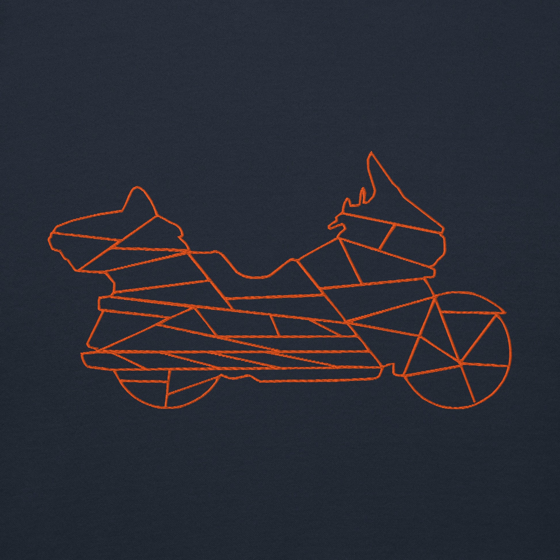 Navy motorcycle Halloween hoodie featuring a geometric orange motorcycle design for festive riders