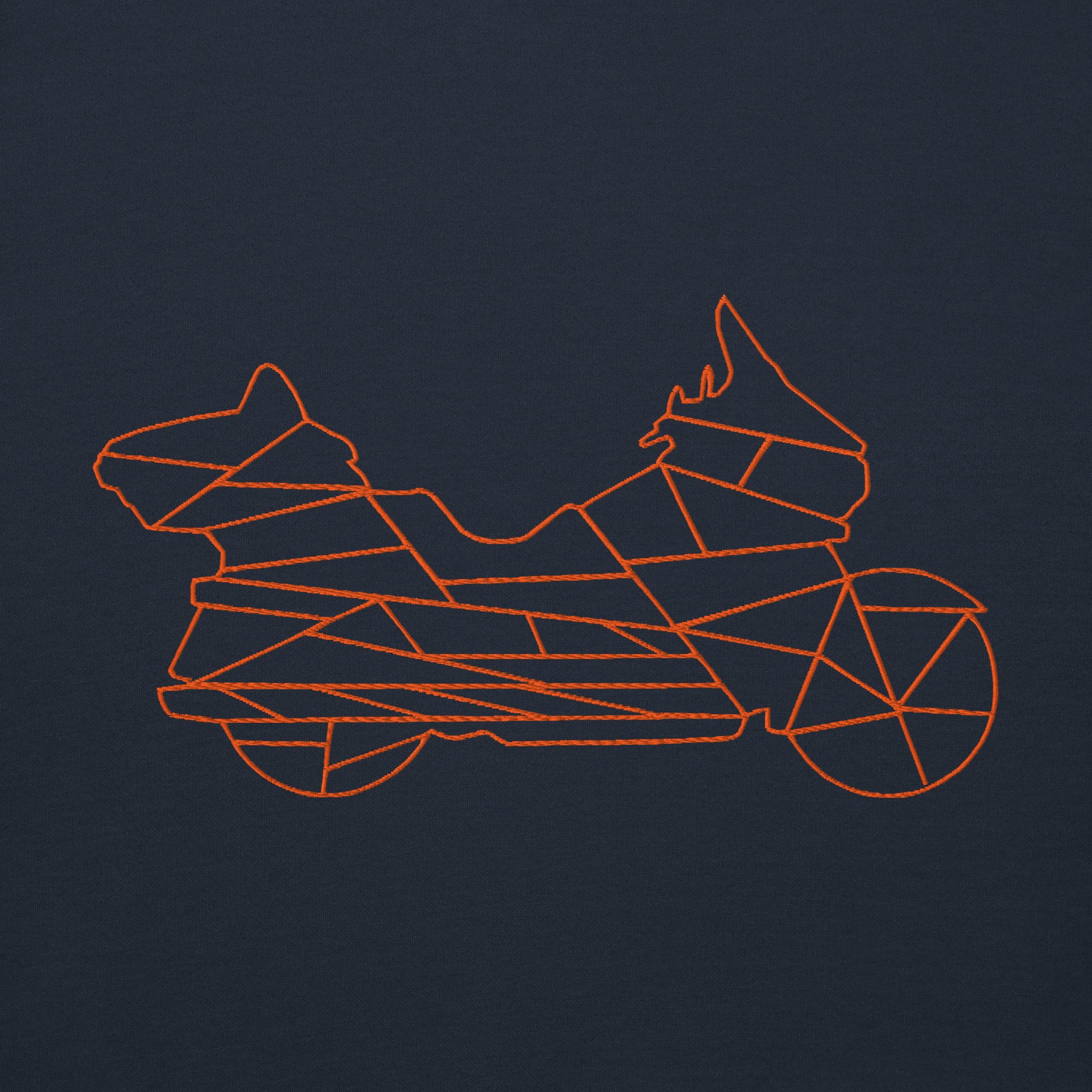Navy motorcycle Halloween hoodie featuring a geometric orange motorcycle design for festive riders