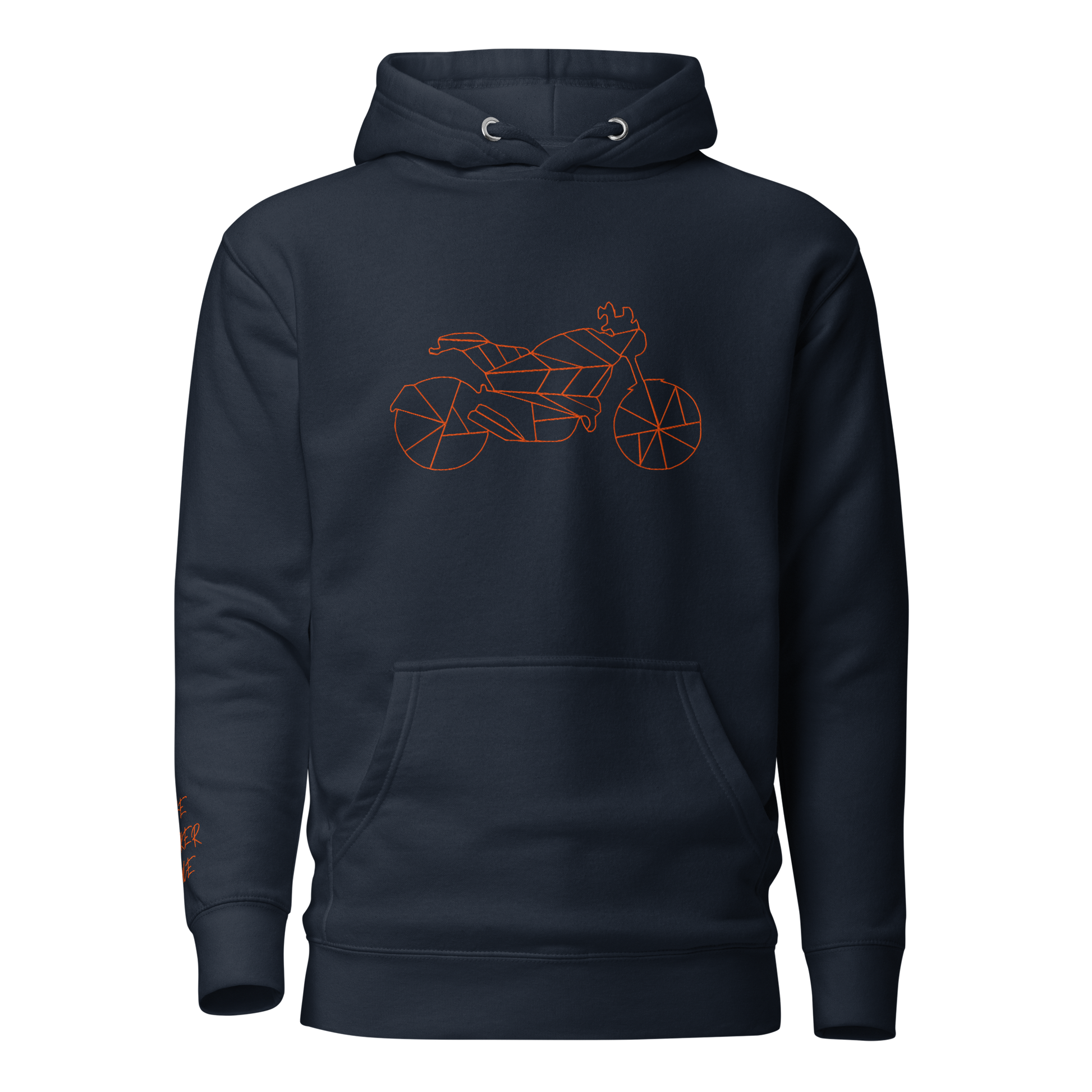 Navy Motorcycle Halloween Hoodie featuring a geometric motorcycle design for festive riders