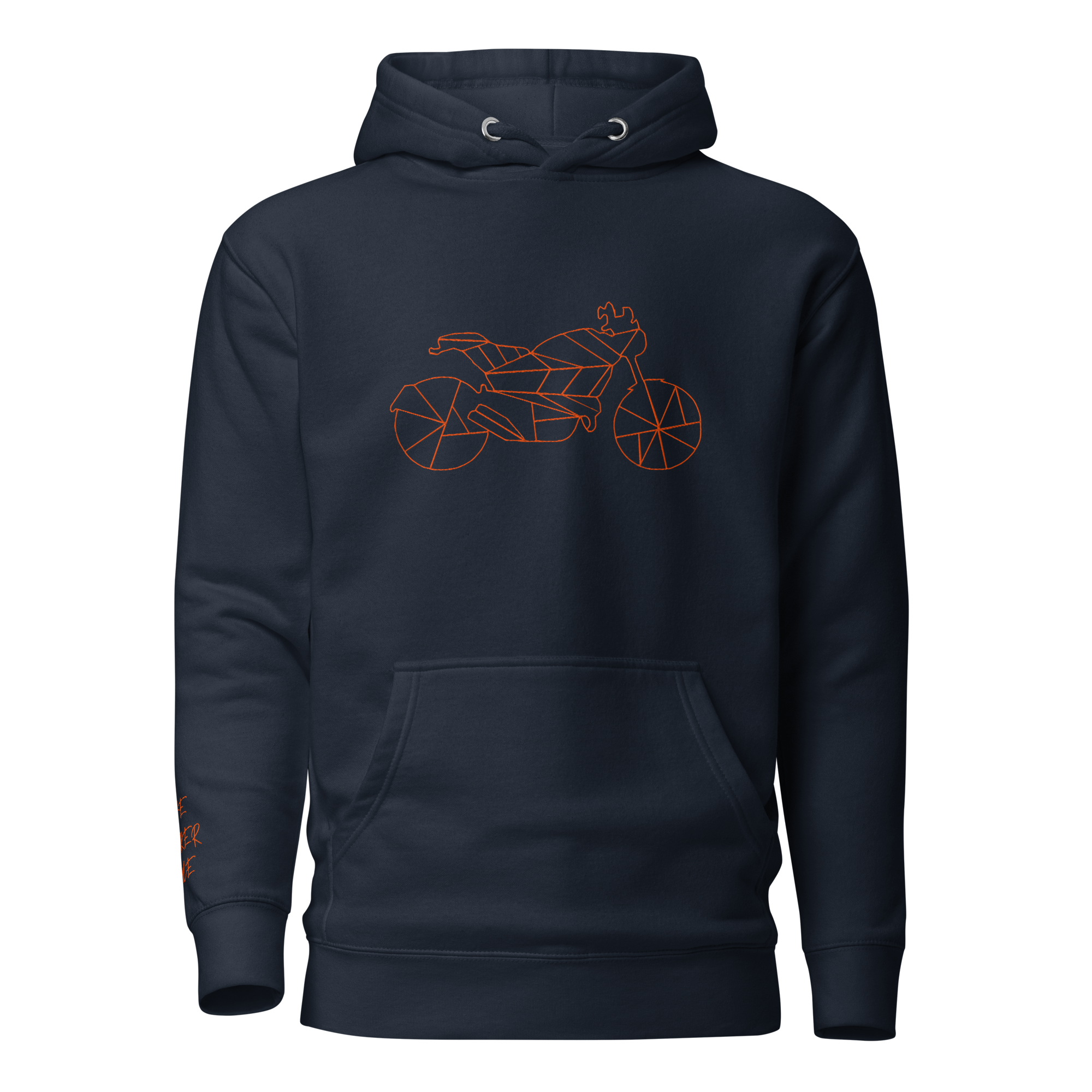 Navy Motorcycle Halloween Hoodie featuring a geometric motorcycle design for festive riders