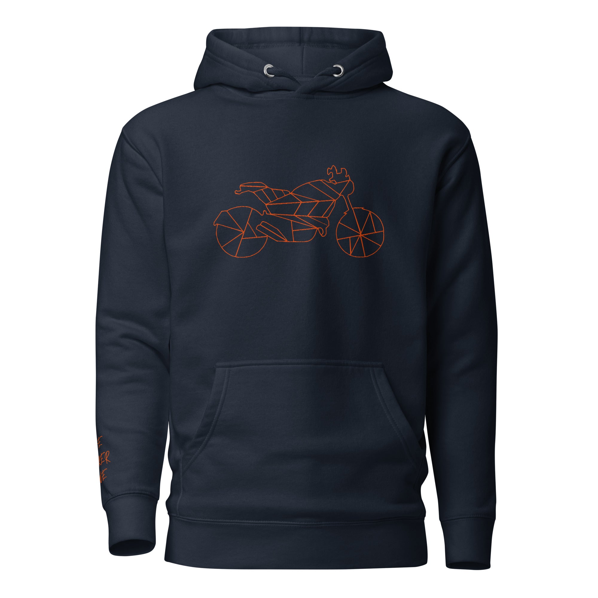 Navy The Biker Mule Motorcycle Halloween Hoodie featuring a geometric motorcycle design