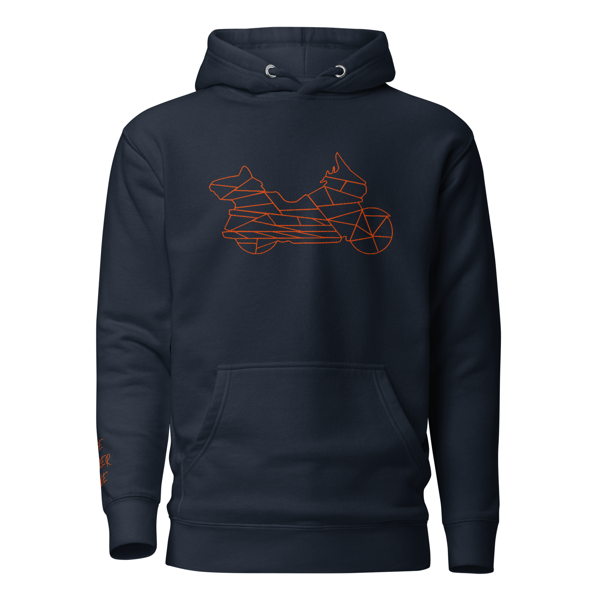 Navy Motorcycle Halloween hoodie featuring a geometric motorcycle design on the front.