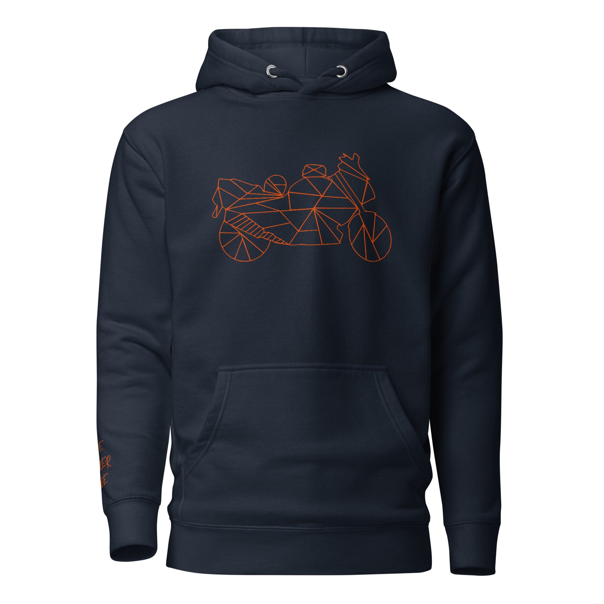 Navy motorcycle Halloween hoodie featuring a geometric design of a motorcycle on the front