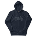 The Biker Mule navy blue motorcycle hoodie unisex with outlined bike graphic and front pocket