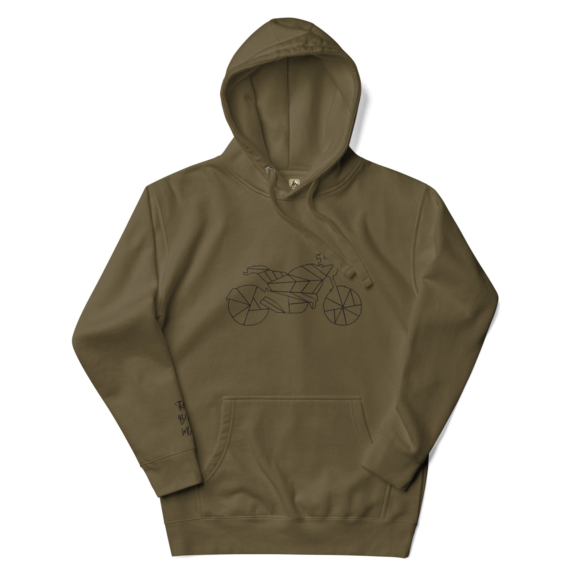 The Biker Mule olive green motorcycle hoodie unisex with geometric bike design and front pocket