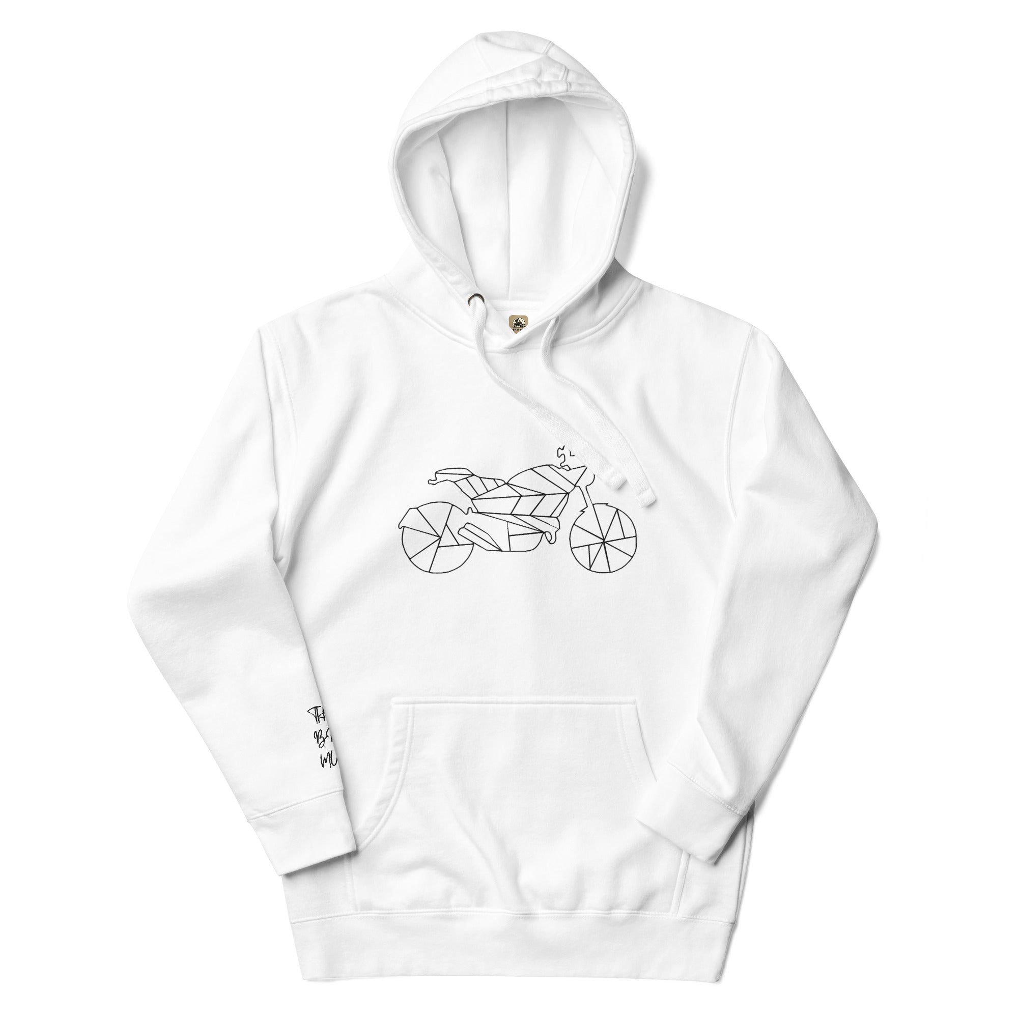 White motorcycle hoodie unisex with geometric motorcycle design and front pocket by The Biker Mule