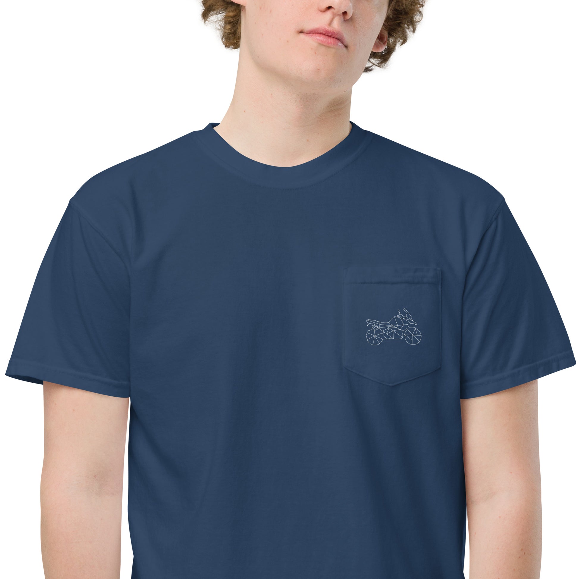 The Biker Mule navy motorcycle pocket shirt men with geometric motorcycle design on chest pocket