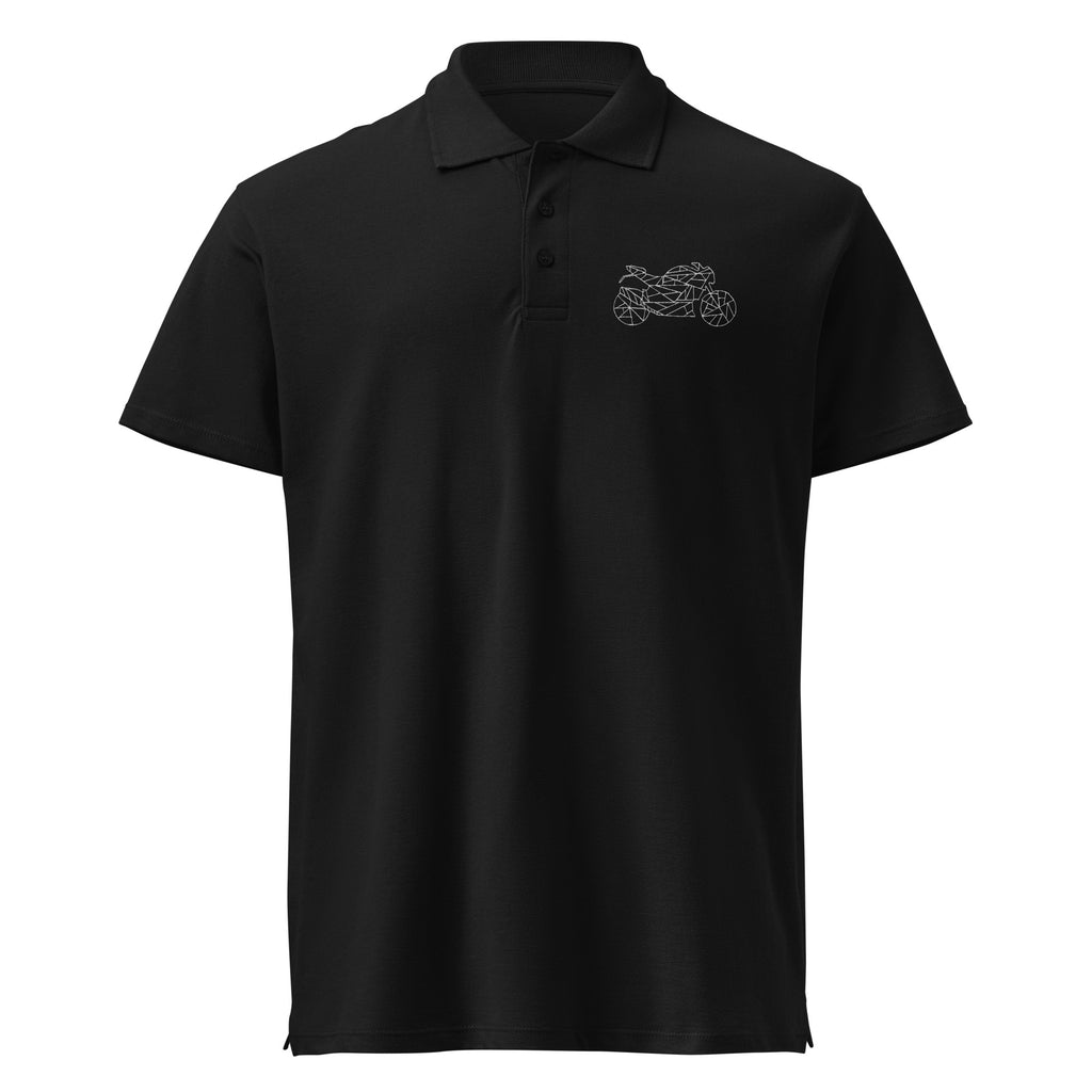 Black motorcycle polo shirt for men with a subtle motorcycle design on the chest by The Biker Mule