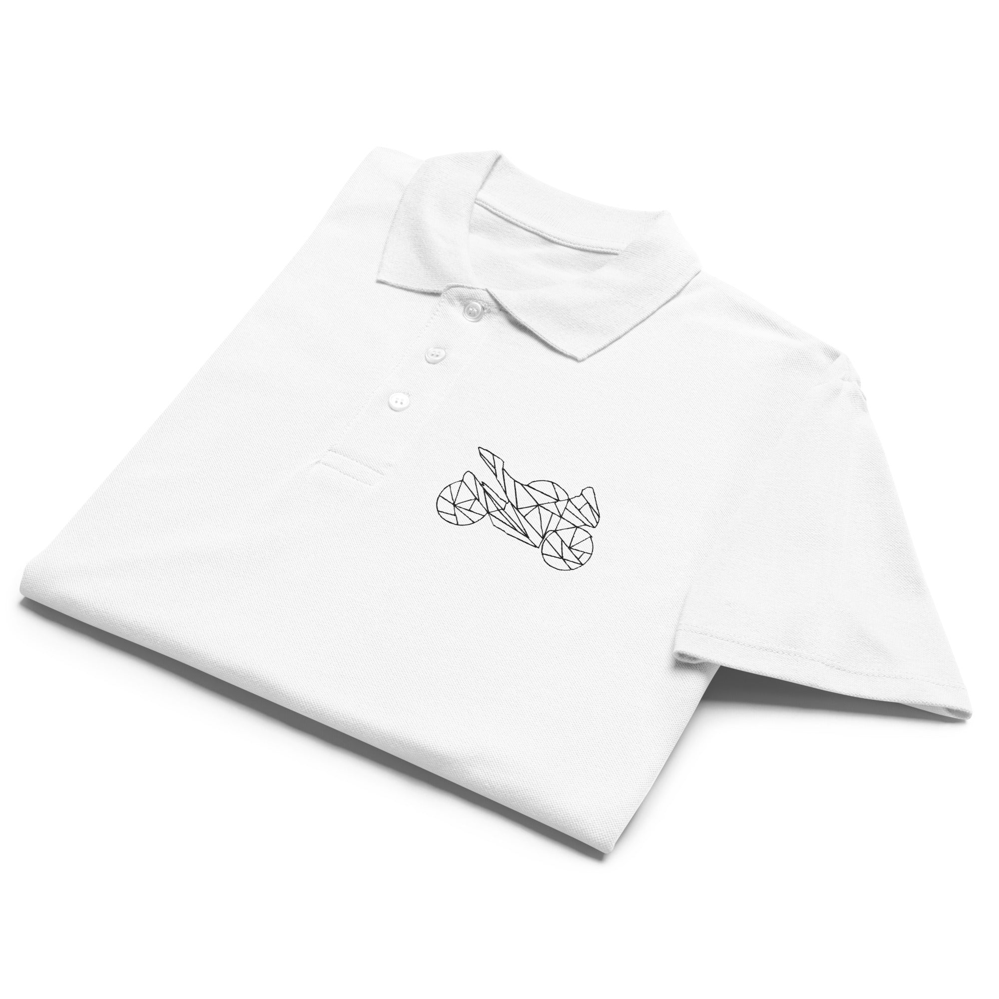 White motorcycle polo shirt for men with geometric motorcycle design on chest by The Biker Mule