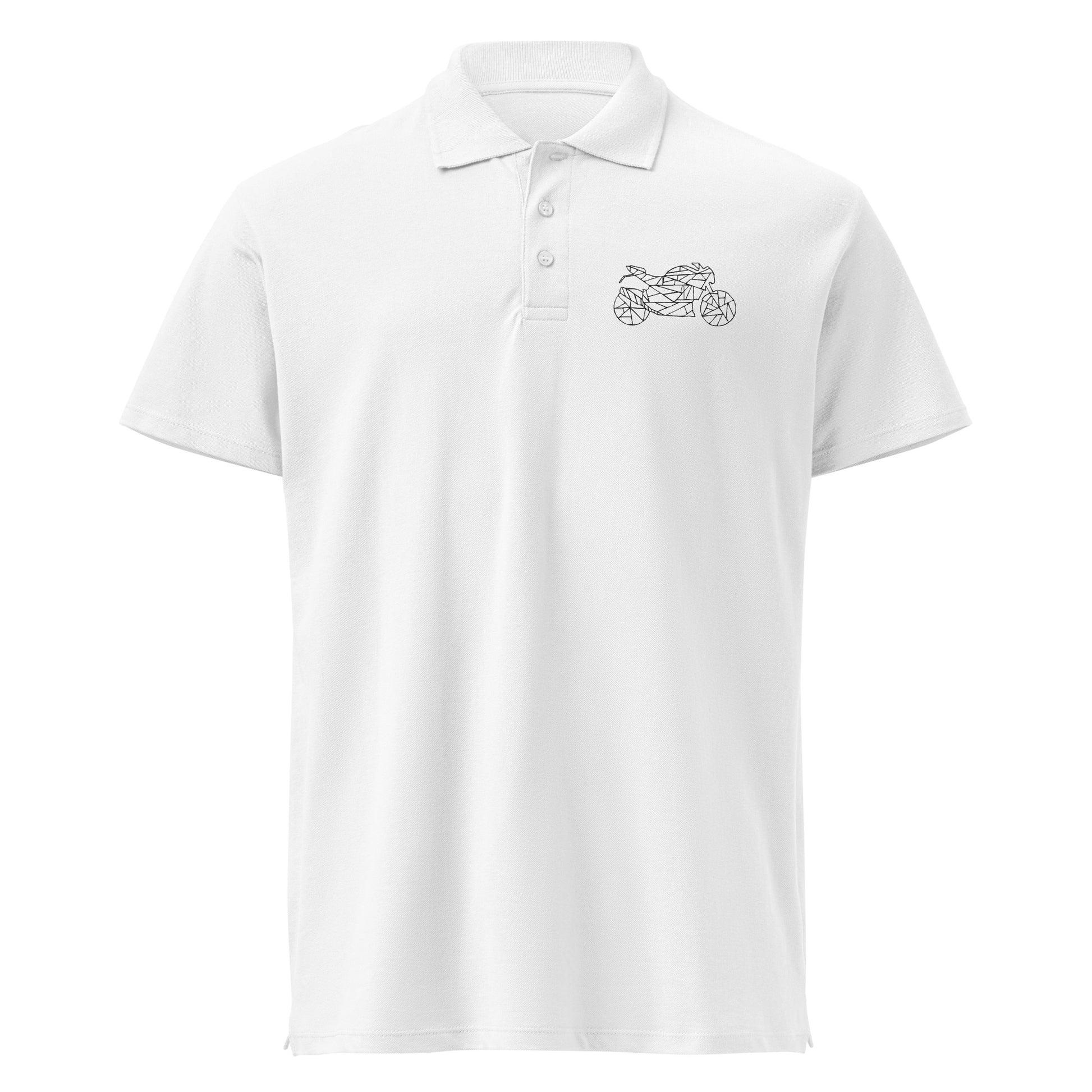 White motorcycle polo shirt for men with small black motorcycle graphic on chest