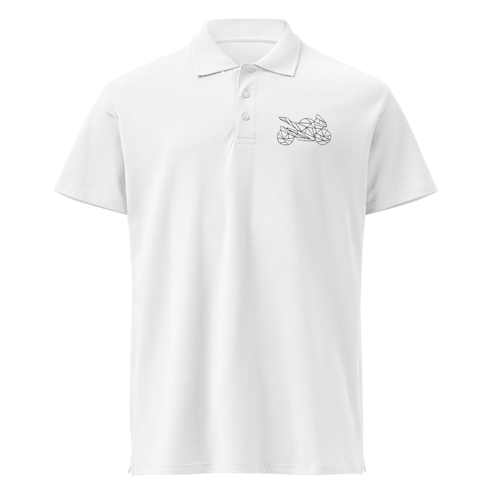 White motorcycle polo shirt for men with minimalist motorcycle outline design on chest