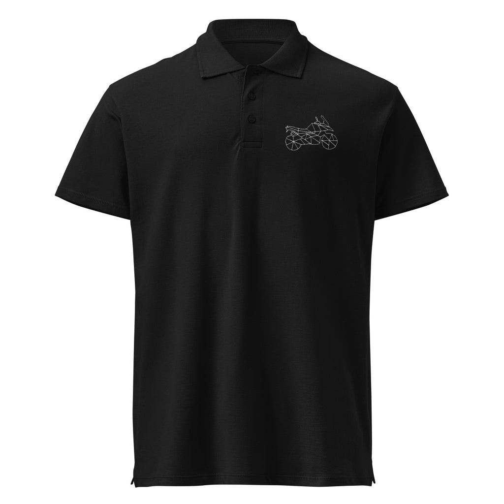 Black motorcycle polo shirt men by The Biker Mule with geometric motorcycle design on chest
