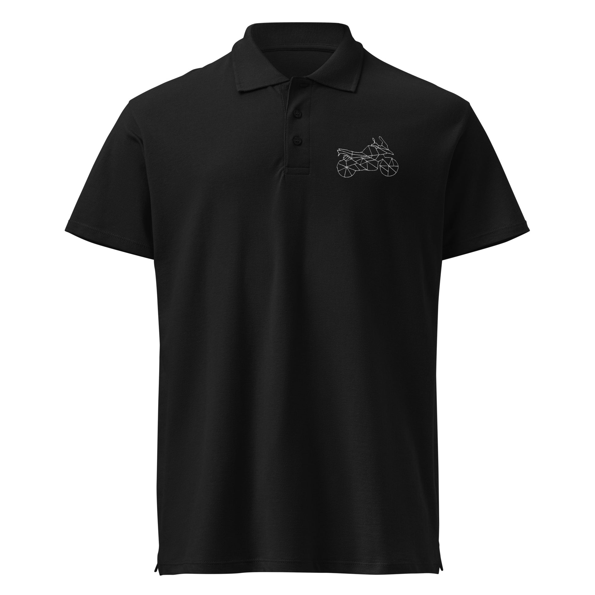 Black motorcycle polo shirt men by The Biker Mule with geometric motorcycle design on chest