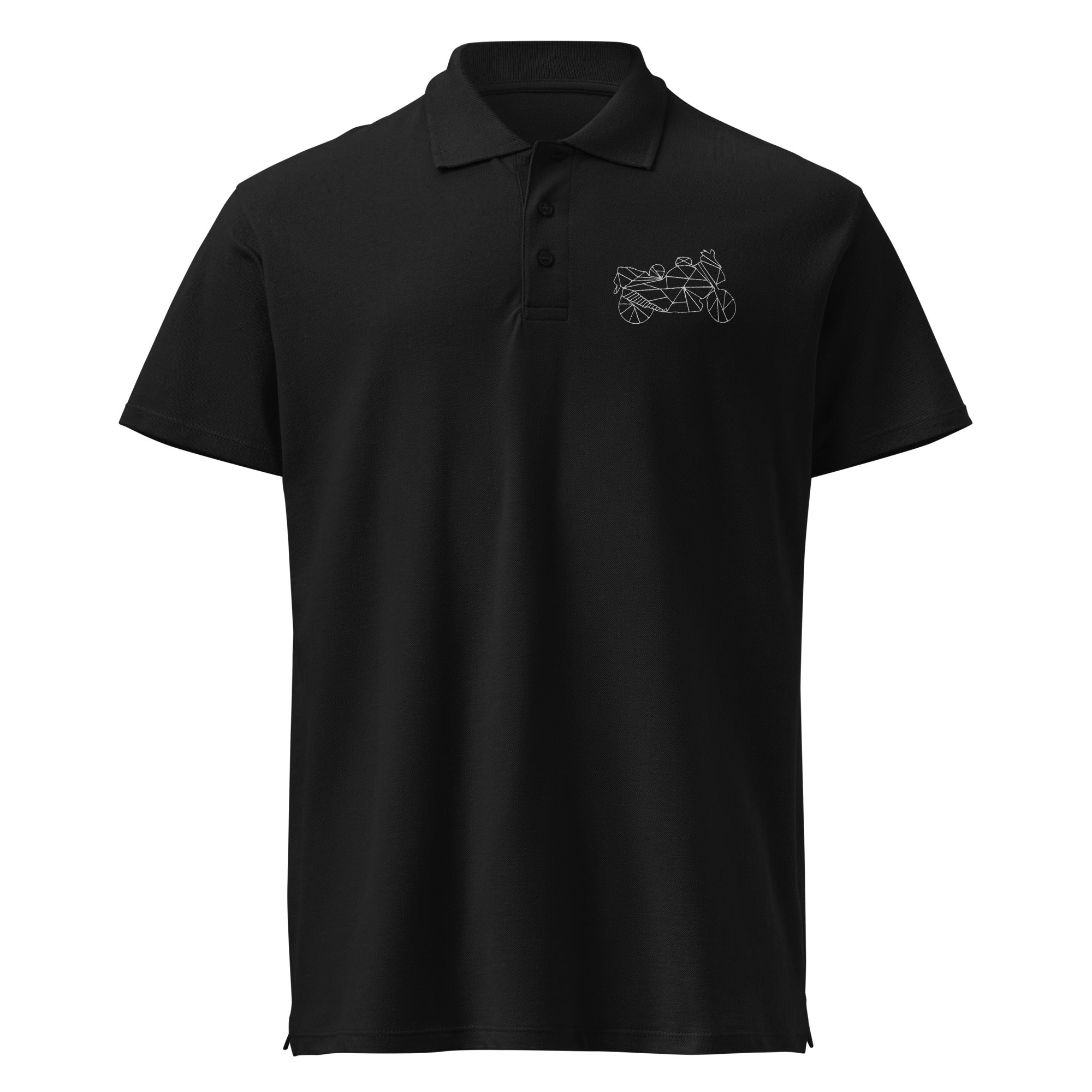 Black motorcycle polo shirt men with short sleeves and embroidered motorcycle design on chest