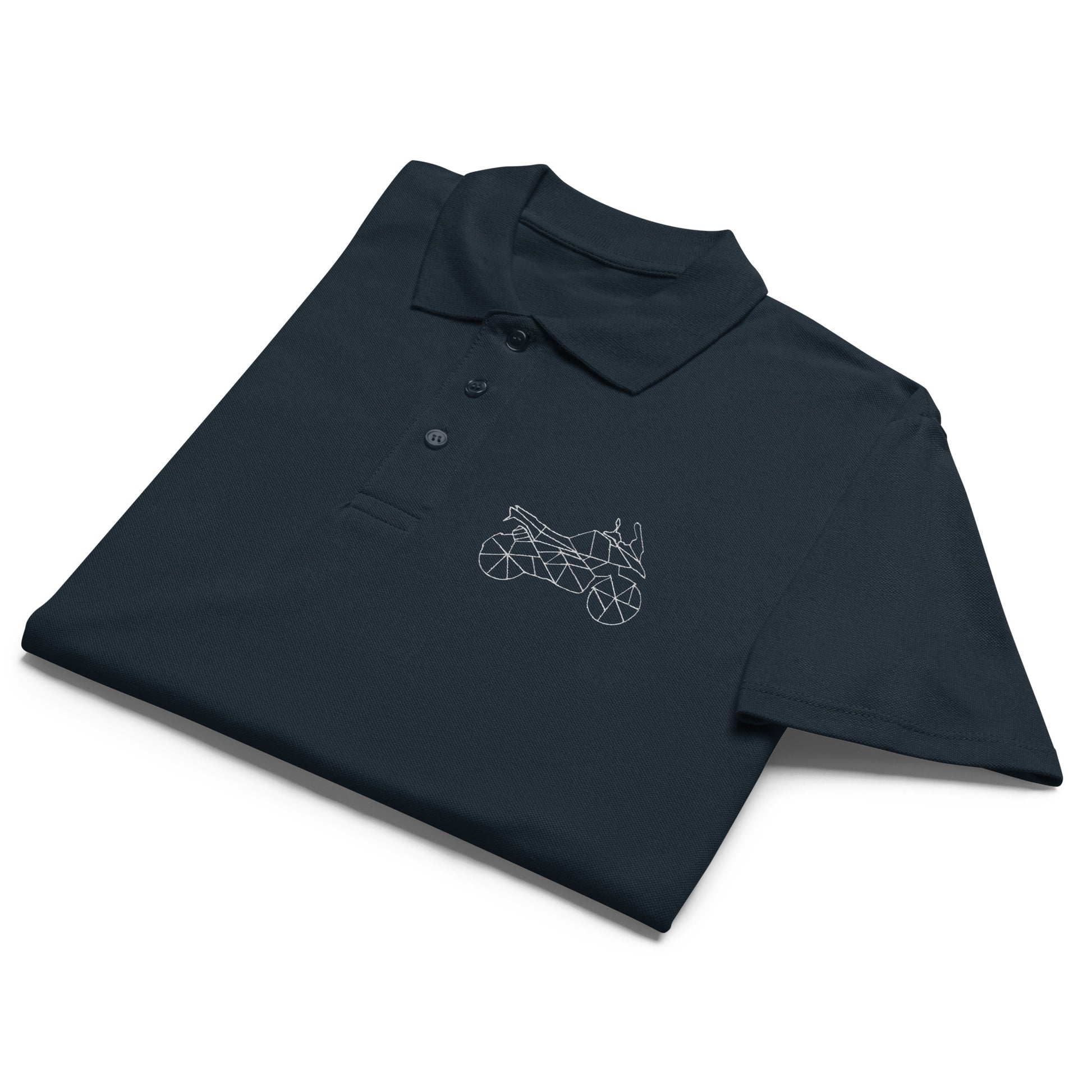 Black motorcycle polo shirt men with geometric motorcycle design by The Biker Mule