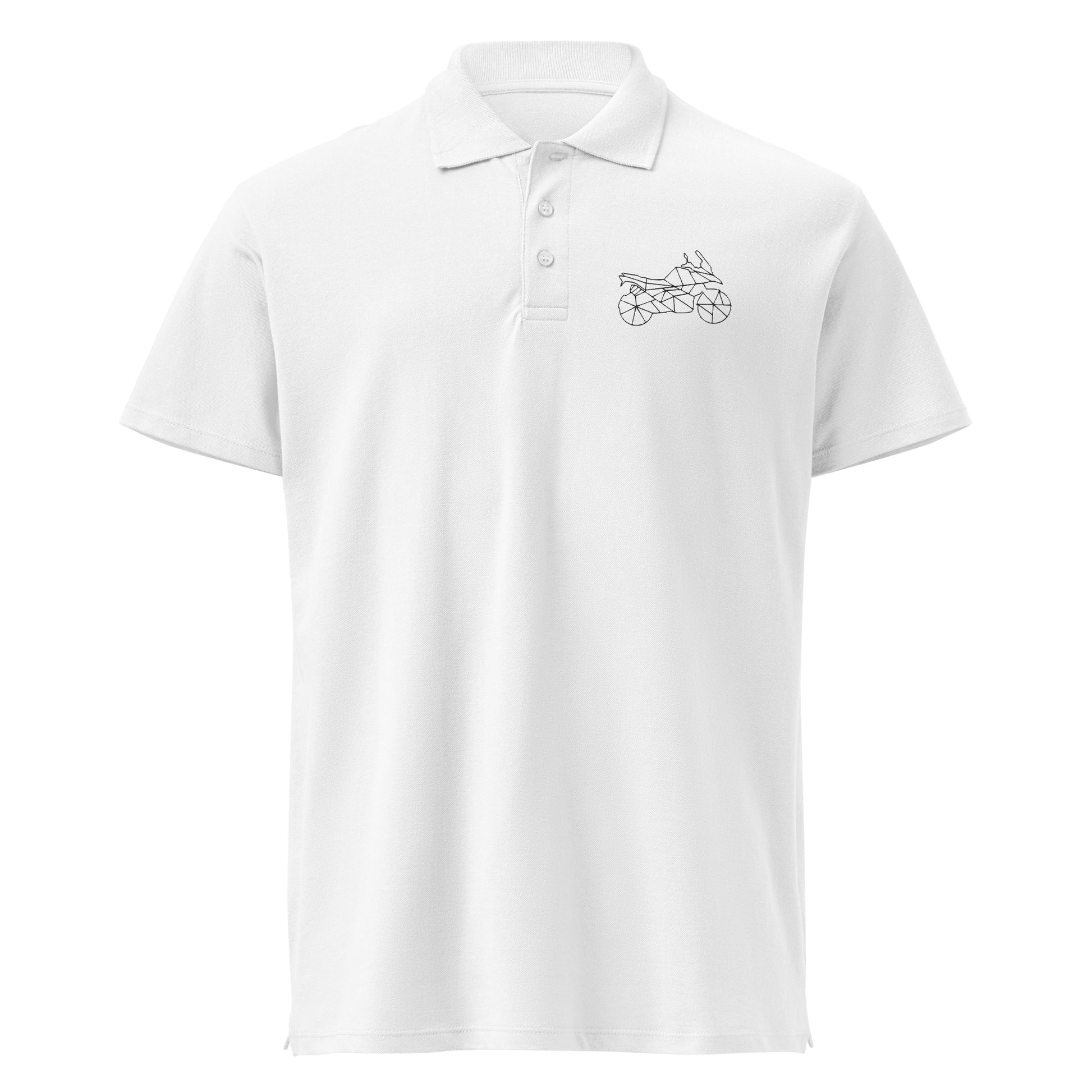 White motorcycle polo shirt men with geometric motorcycle design on chest by The Biker Mule