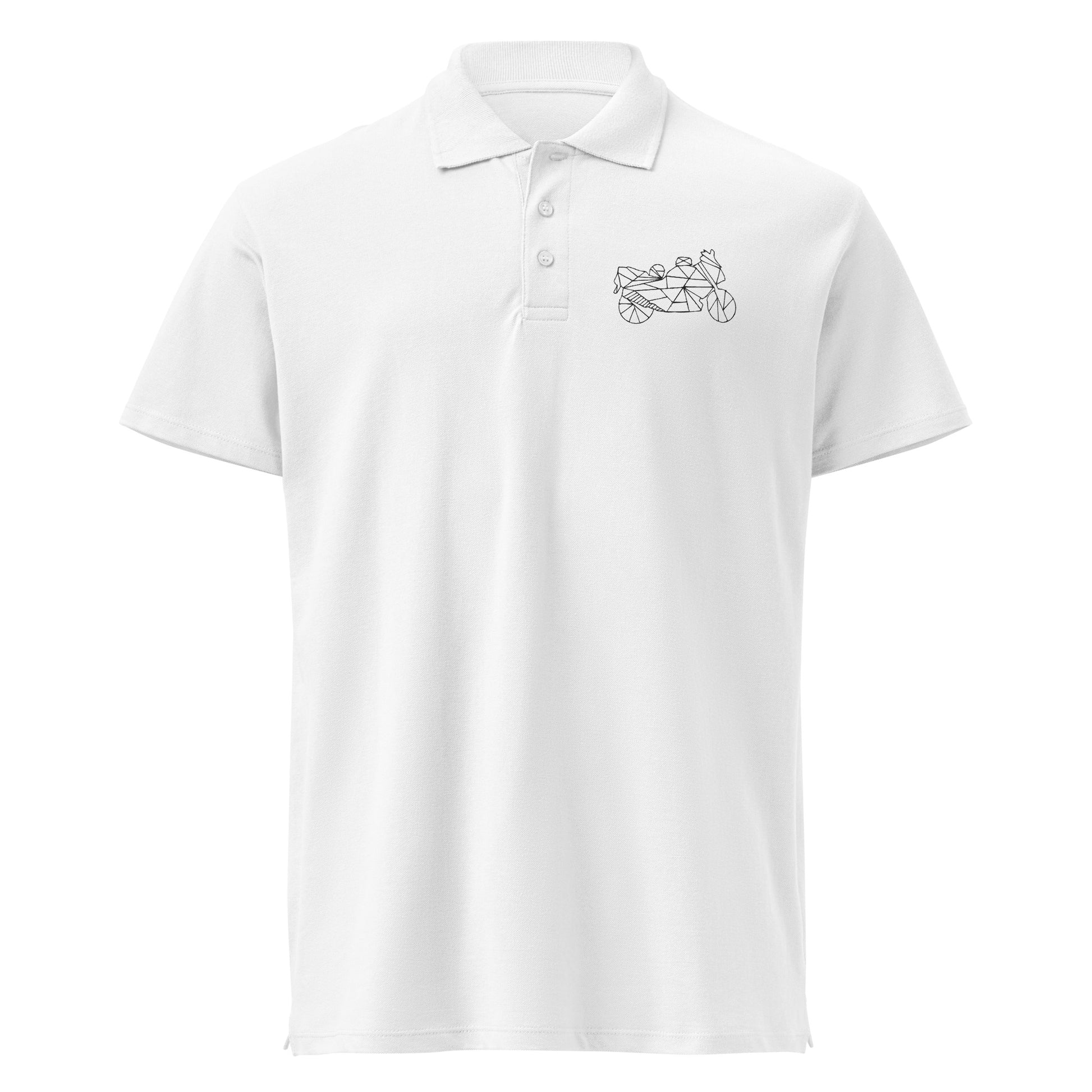 White motorcycle polo shirt men with geometric motorcycle design on chest by The Biker Mule