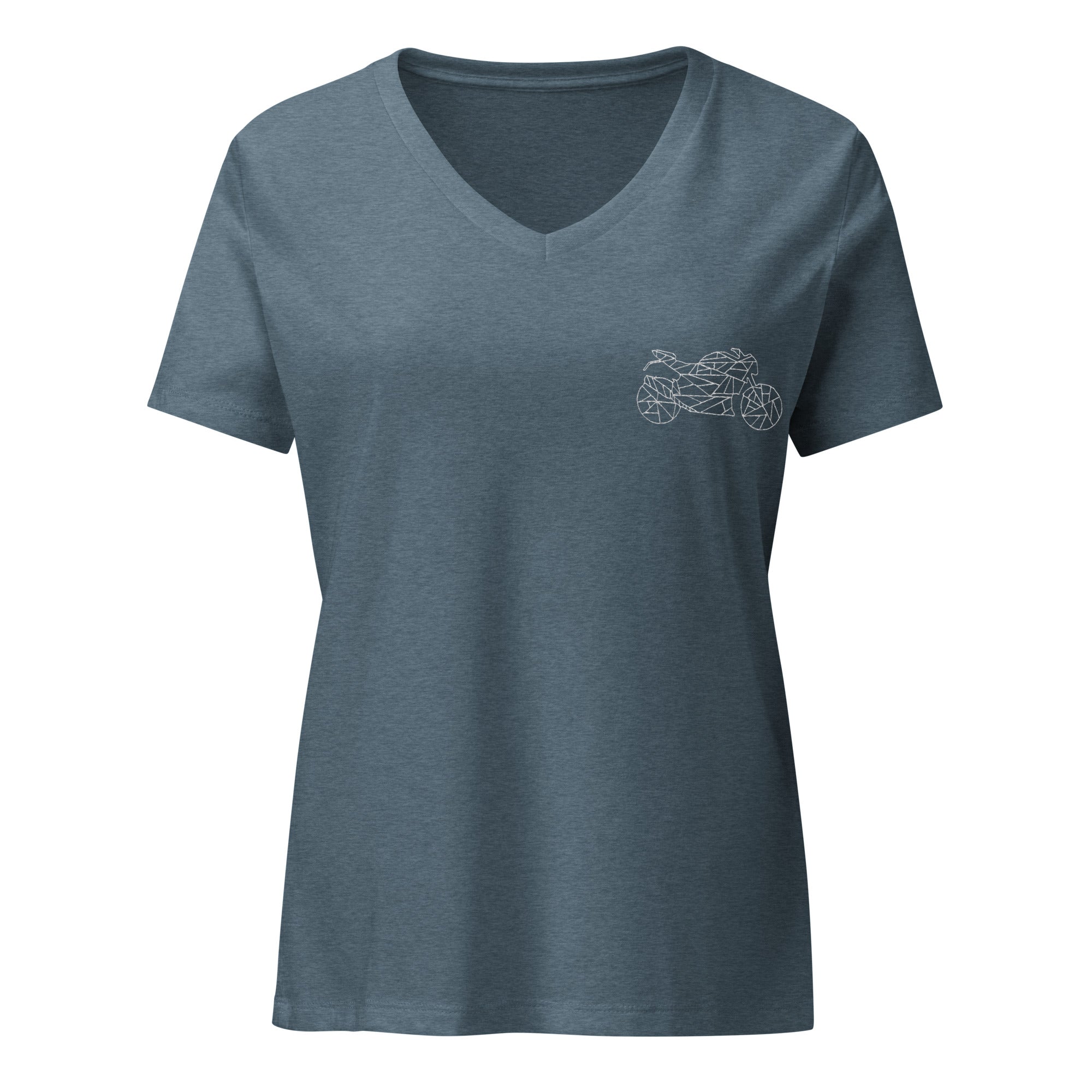 The Biker Mule motorcycle v-neck t-shirt women in blue with small white motorcycle graphic on chest