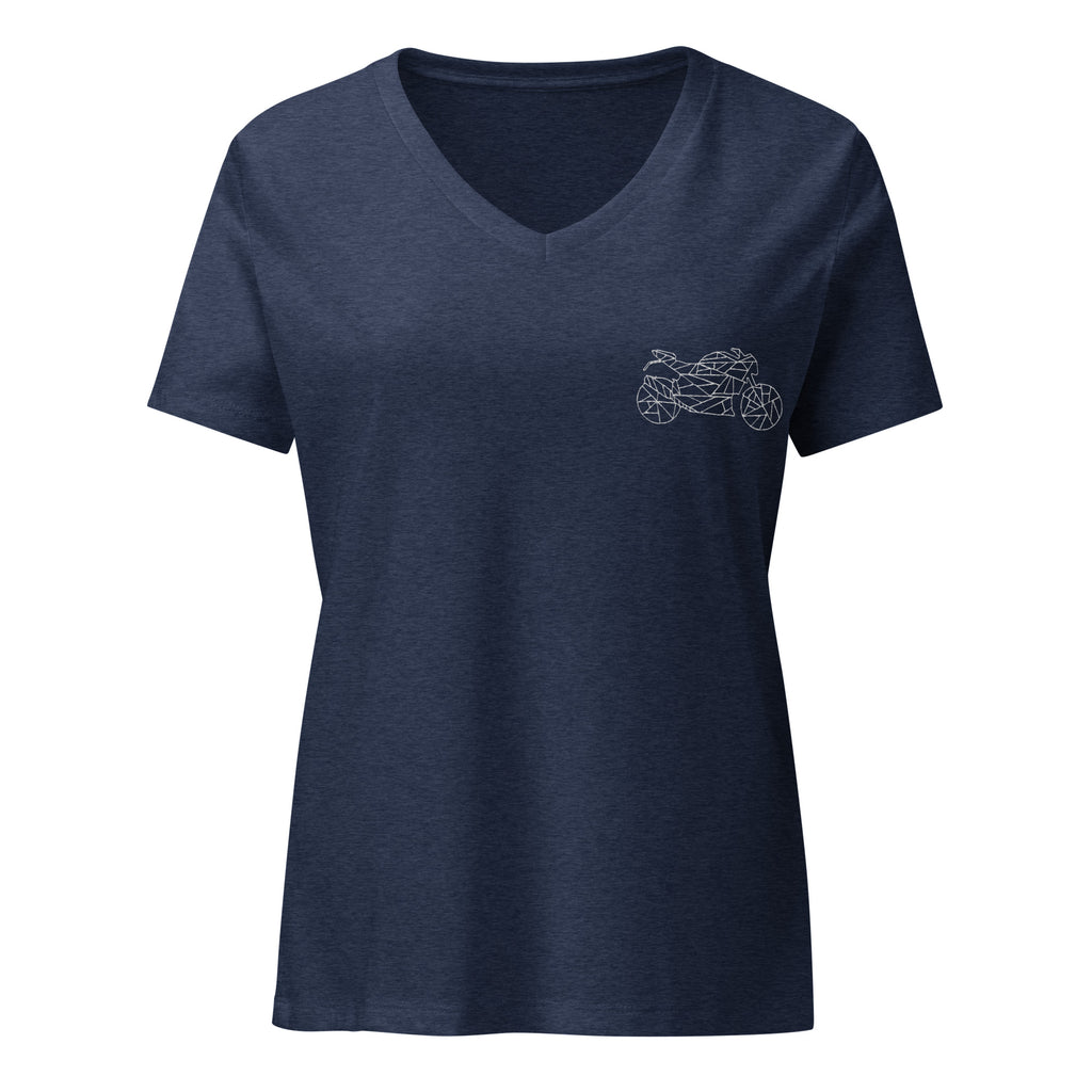 Navy blue motorcycle v-neck t-shirt women with minimalist motorcycle design on chest by The Biker Mule