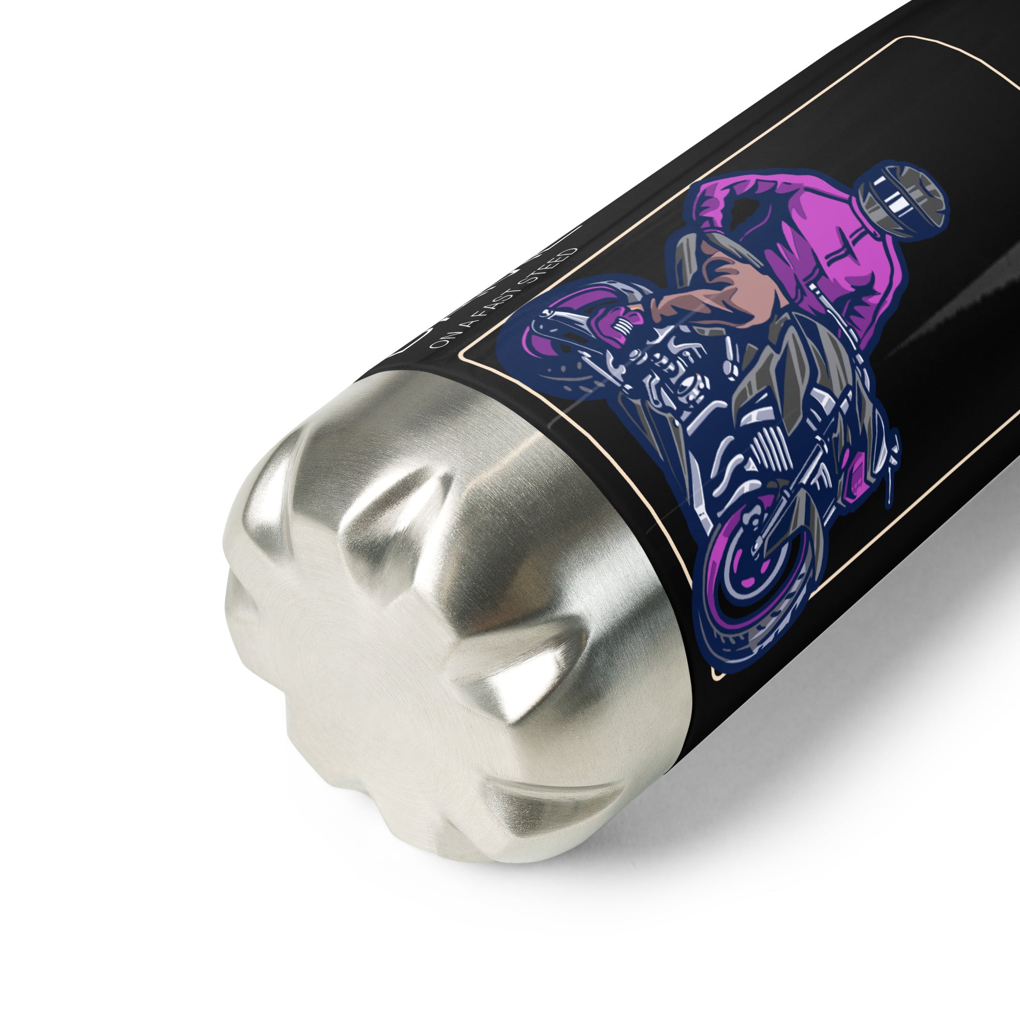 The Biker Mule motorcycle water bottle with stainless steel base and purple motorcycle rider design