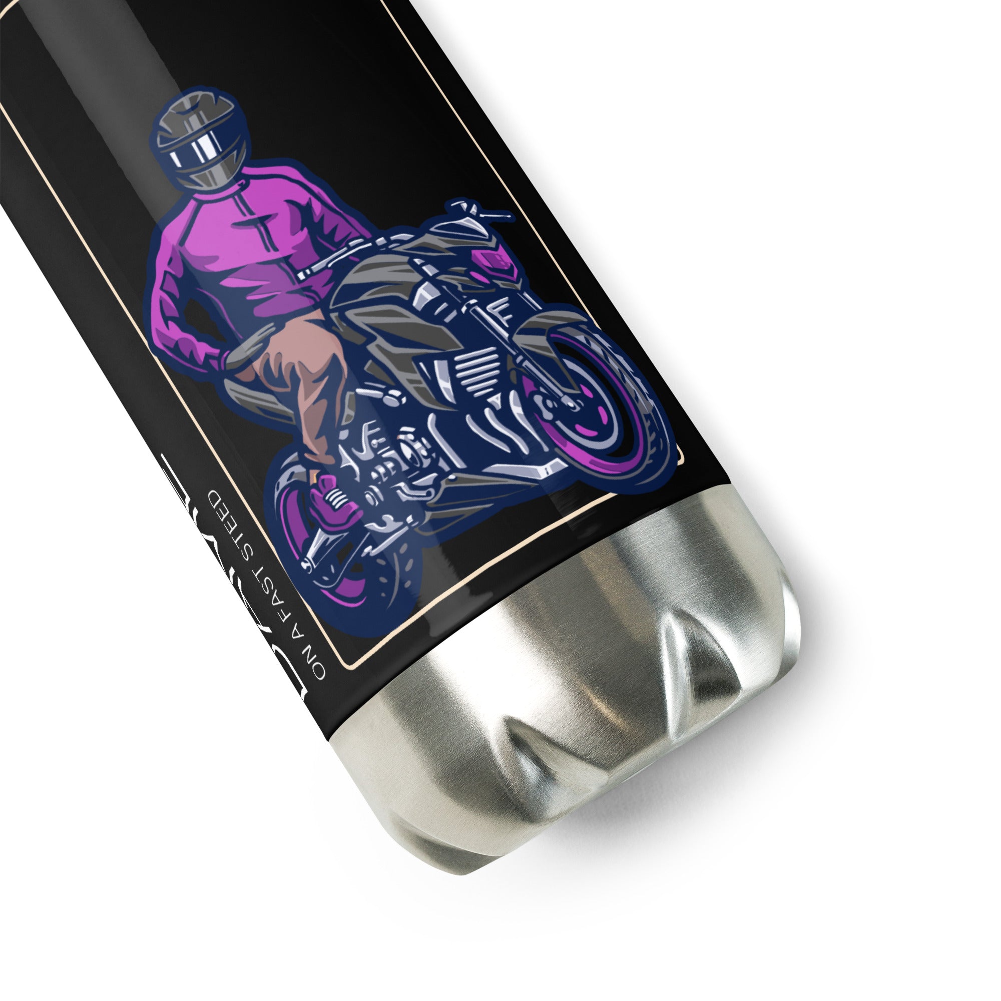 The Biker Mule motorcycle water bottle with black design and graphic of motorcyclist in purple gear