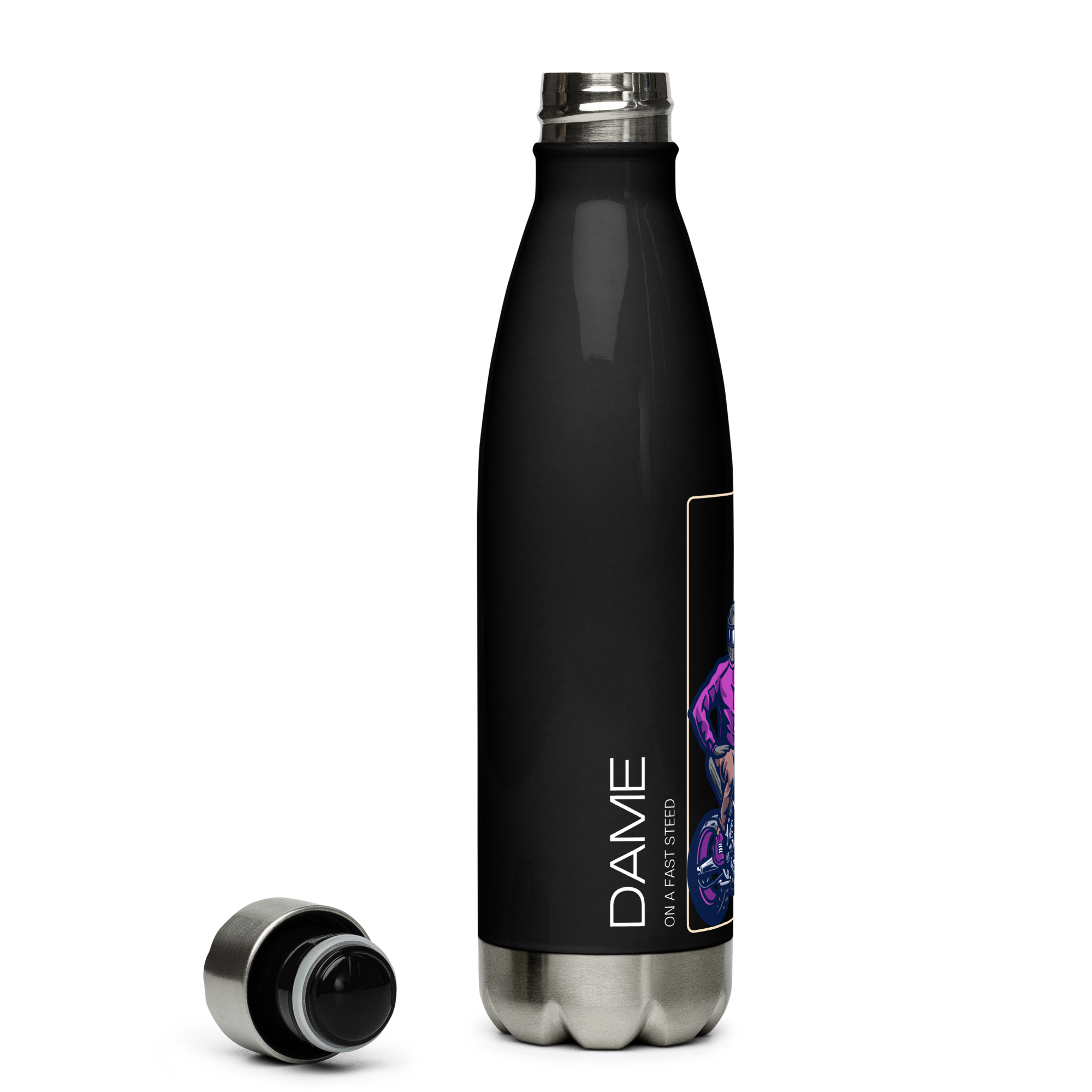The Biker Mule black stainless steel motorcycle water bottle with silver cap and Dame graphic design