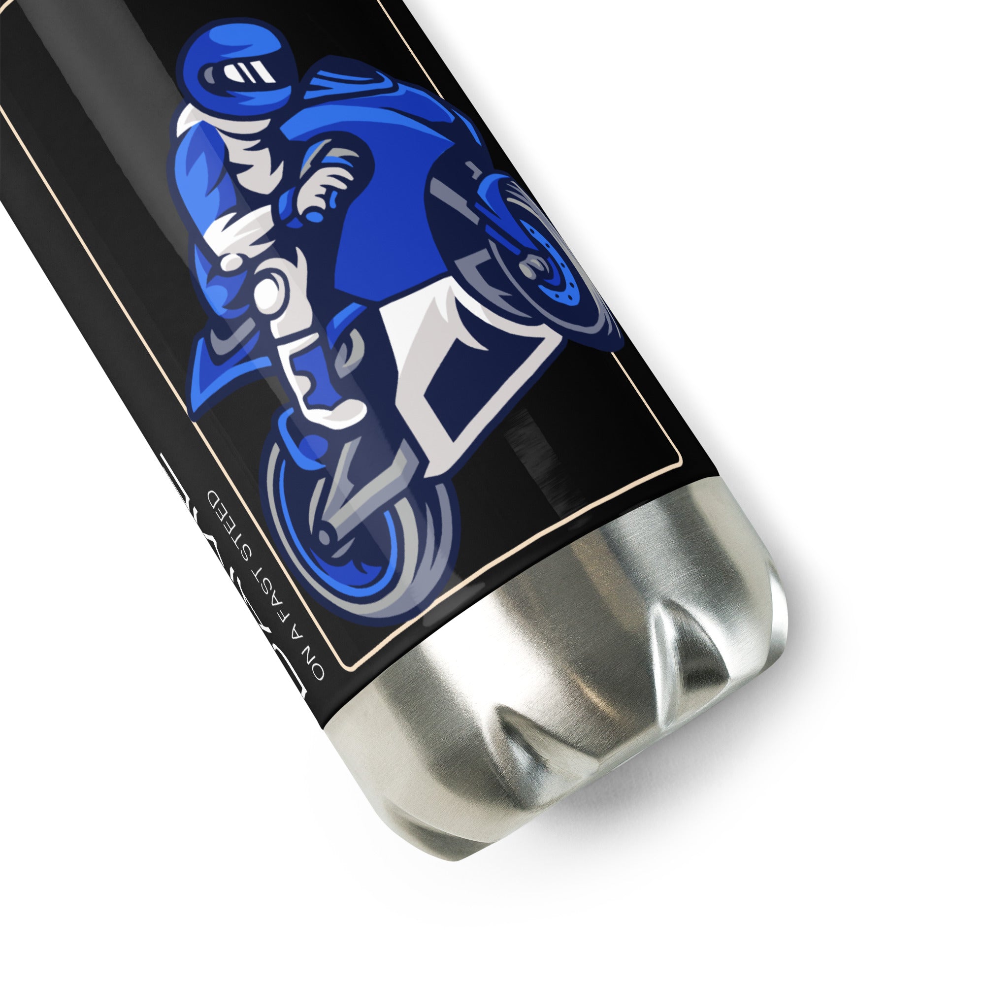The Biker Mule motorcycle water bottle with blue motorcycle rider graphic and stainless steel base