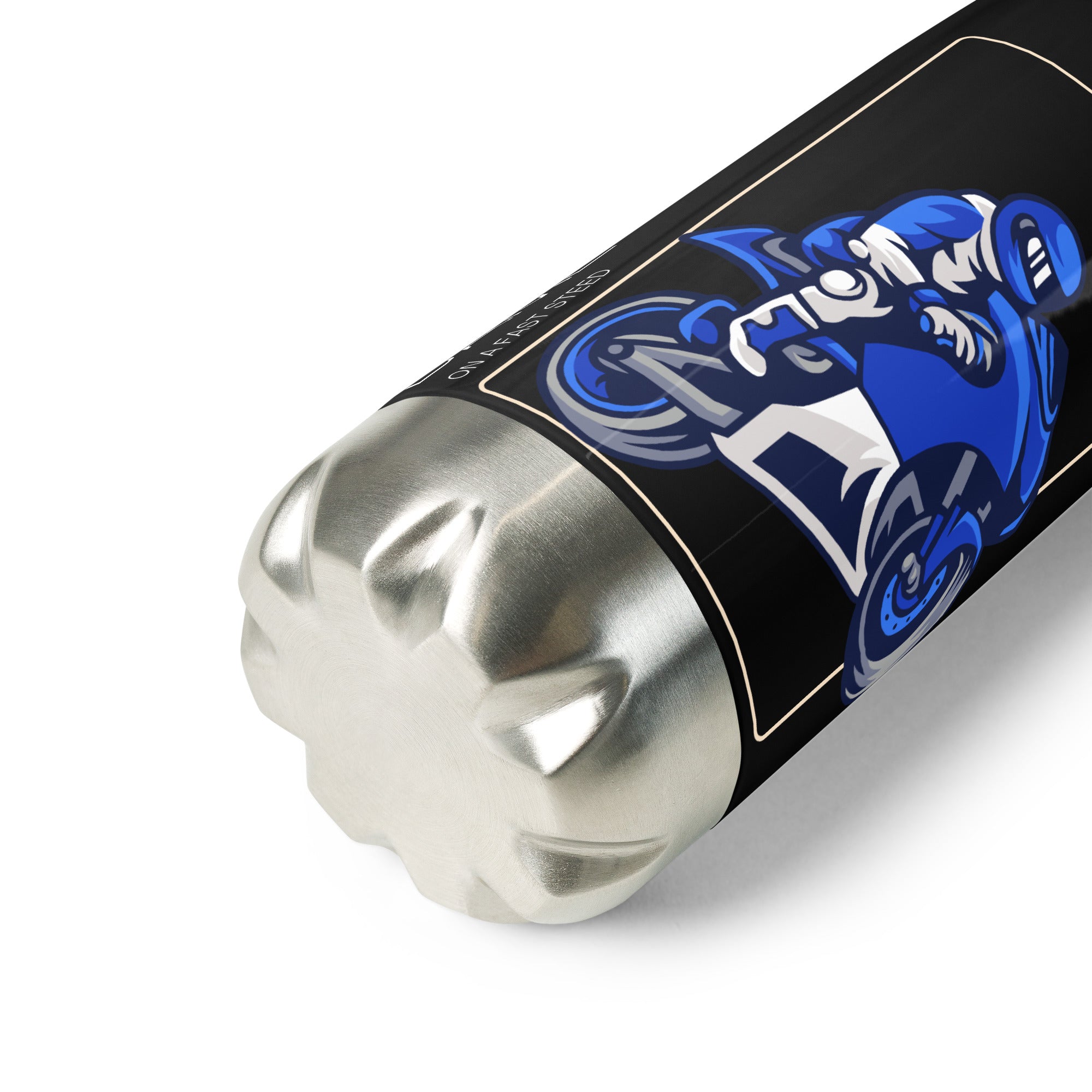 The Biker Mule motorcycle water bottle with stainless steel bottom and blue racer graphic