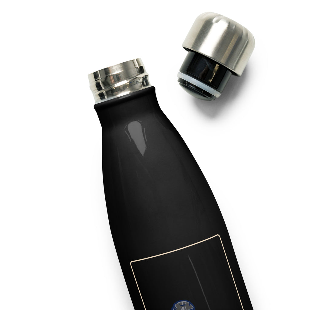 The Biker Mule black motorcycle water bottle with stainless steel cap and durable design