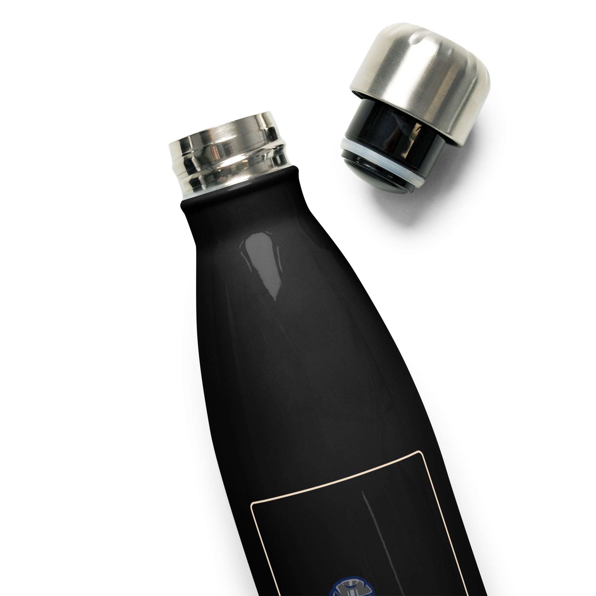 The Biker Mule black motorcycle water bottle with stainless steel cap and durable design