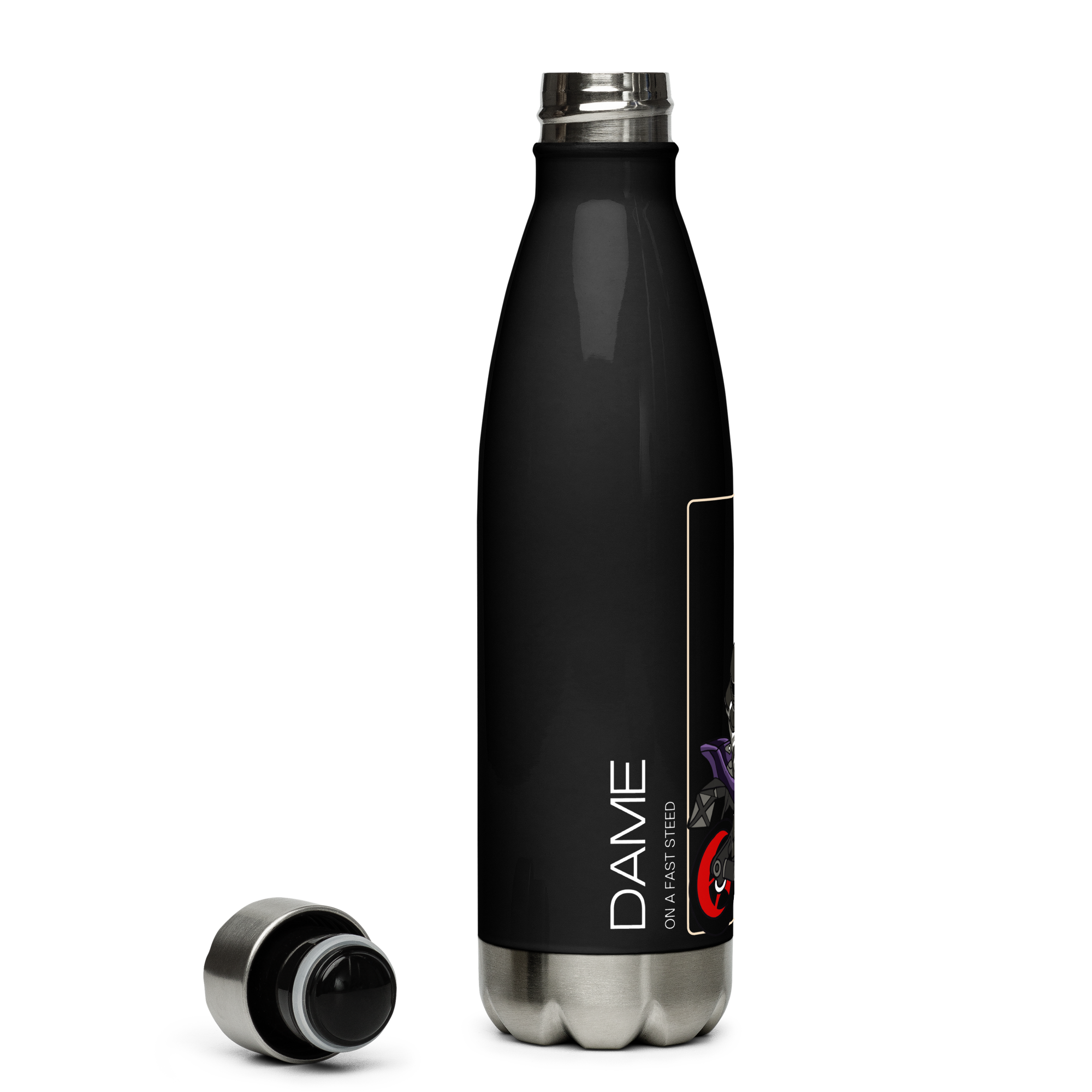 The Biker Mule black motorcycle water bottle with stainless steel cap and base for riders