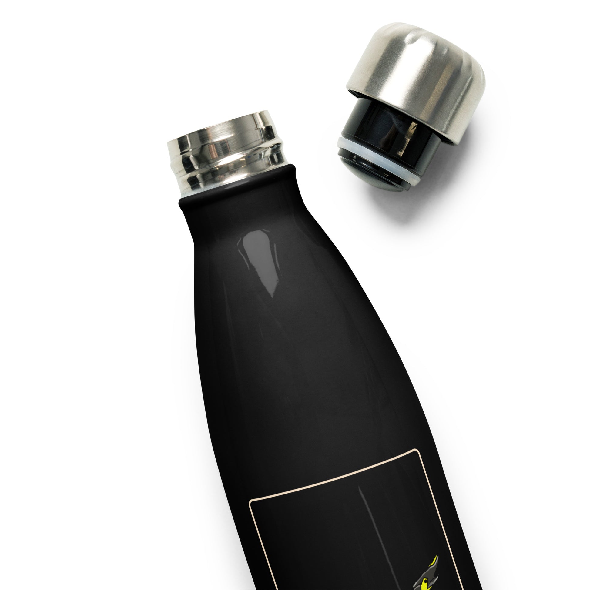 The Biker Mule black stainless steel motorcycle water bottle with open screw cap on white background