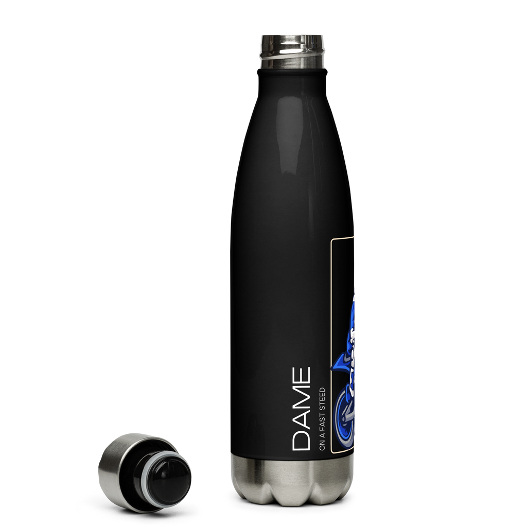 The Biker Mule black motorcycle water bottle with stainless steel cap and base featuring a motorbike design