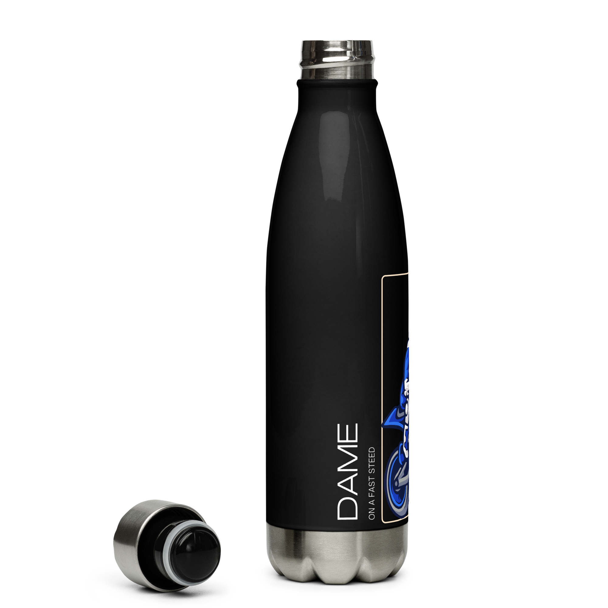 The Biker Mule black motorcycle water bottle with stainless steel cap and base featuring a motorbike design