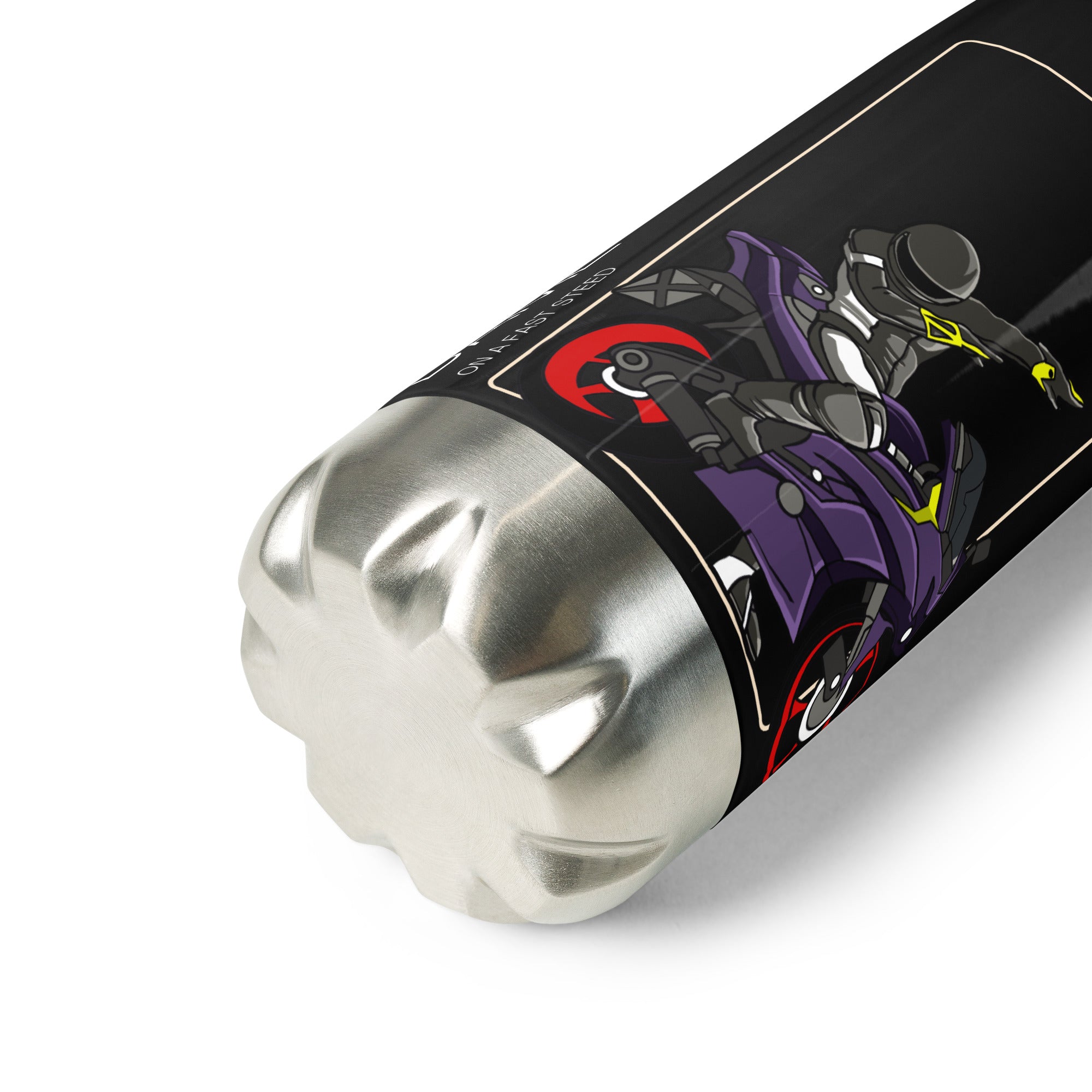 The Biker Mule motorcycle water bottle featuring a black design with purple motorcyclist graphic