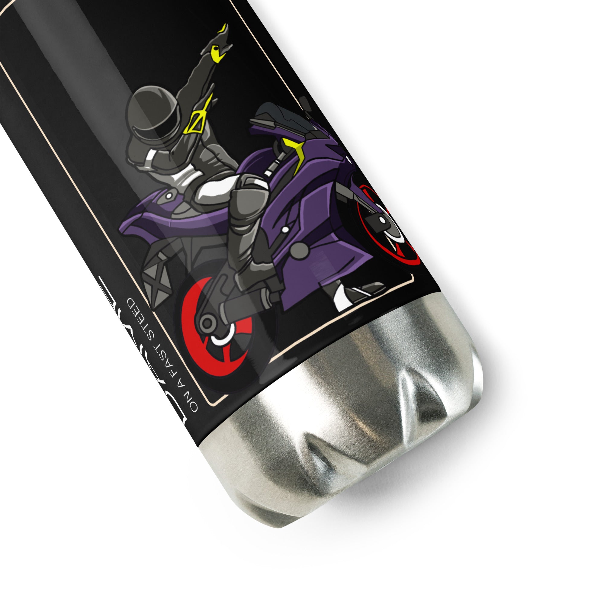 The Biker Mule motorcycle water bottle with black design featuring a purple motorcycle and rider graphic