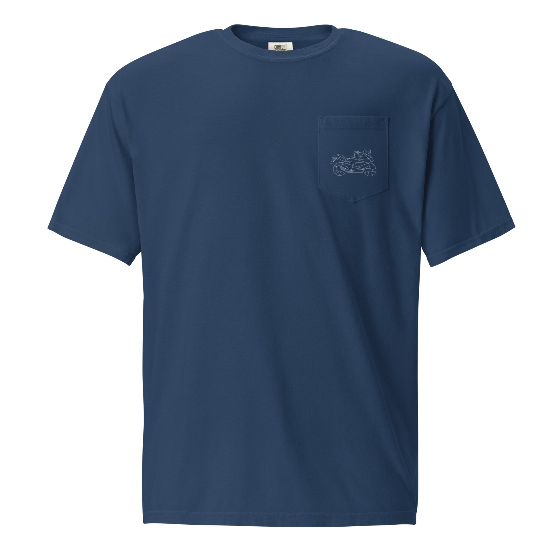 The Biker Mule navy blue motorcycle pocket shirt with embroidered motorcycle design on chest pocket