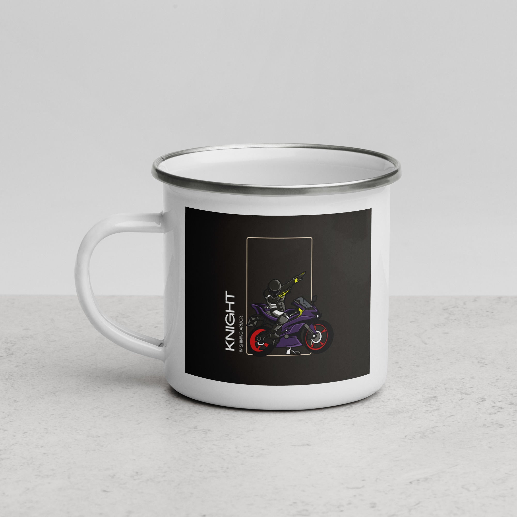 The Biker Mule motorcycle enthusiast mug featuring a black and purple motorcycle knight design on white enamel